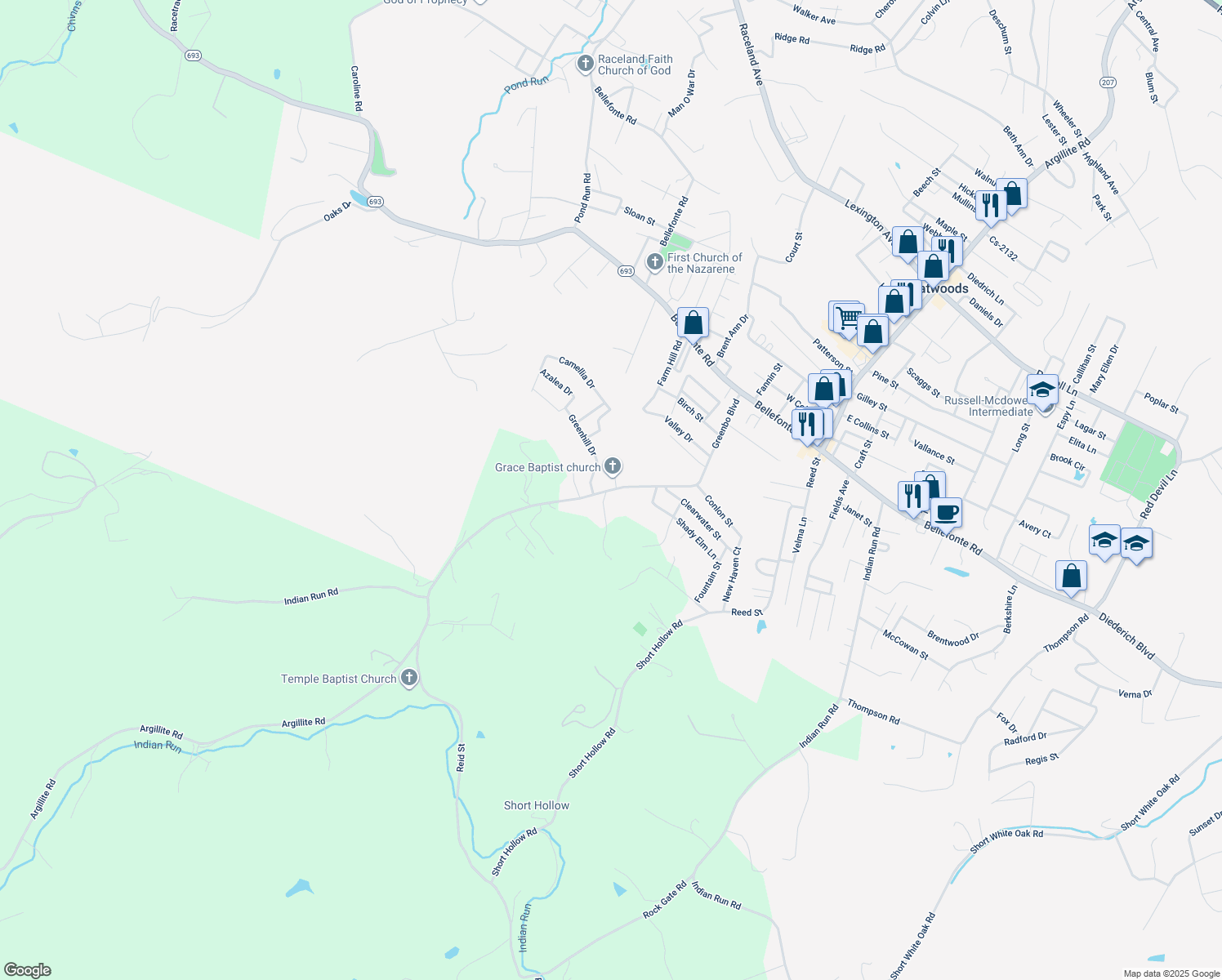 map of restaurants, bars, coffee shops, grocery stores, and more near 2928 Greenbo Blvd in Flatwoods