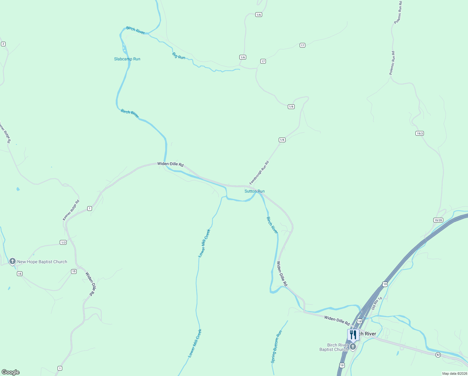 map of restaurants, bars, coffee shops, grocery stores, and more near 1689 Widen-Dille Road in Birch River