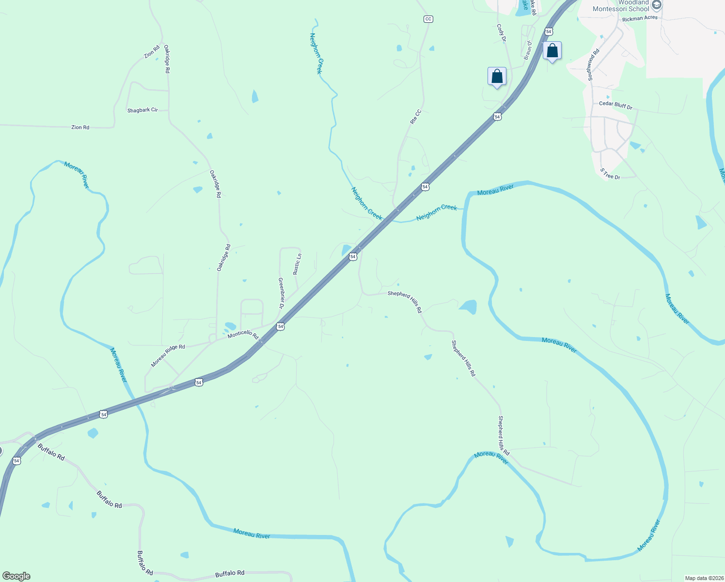 map of restaurants, bars, coffee shops, grocery stores, and more near 5626 Shepherd Hills Road in Jefferson City