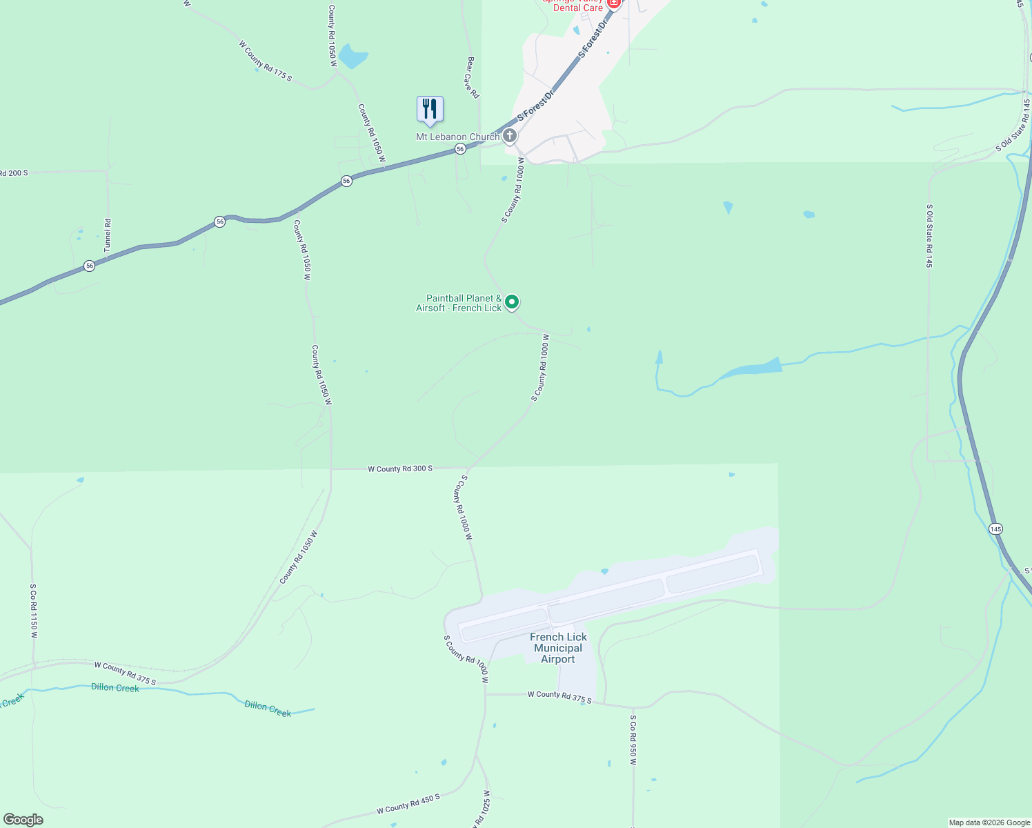 map of restaurants, bars, coffee shops, grocery stores, and more near 2599-2999 South Co Road 1000 West in French Lick