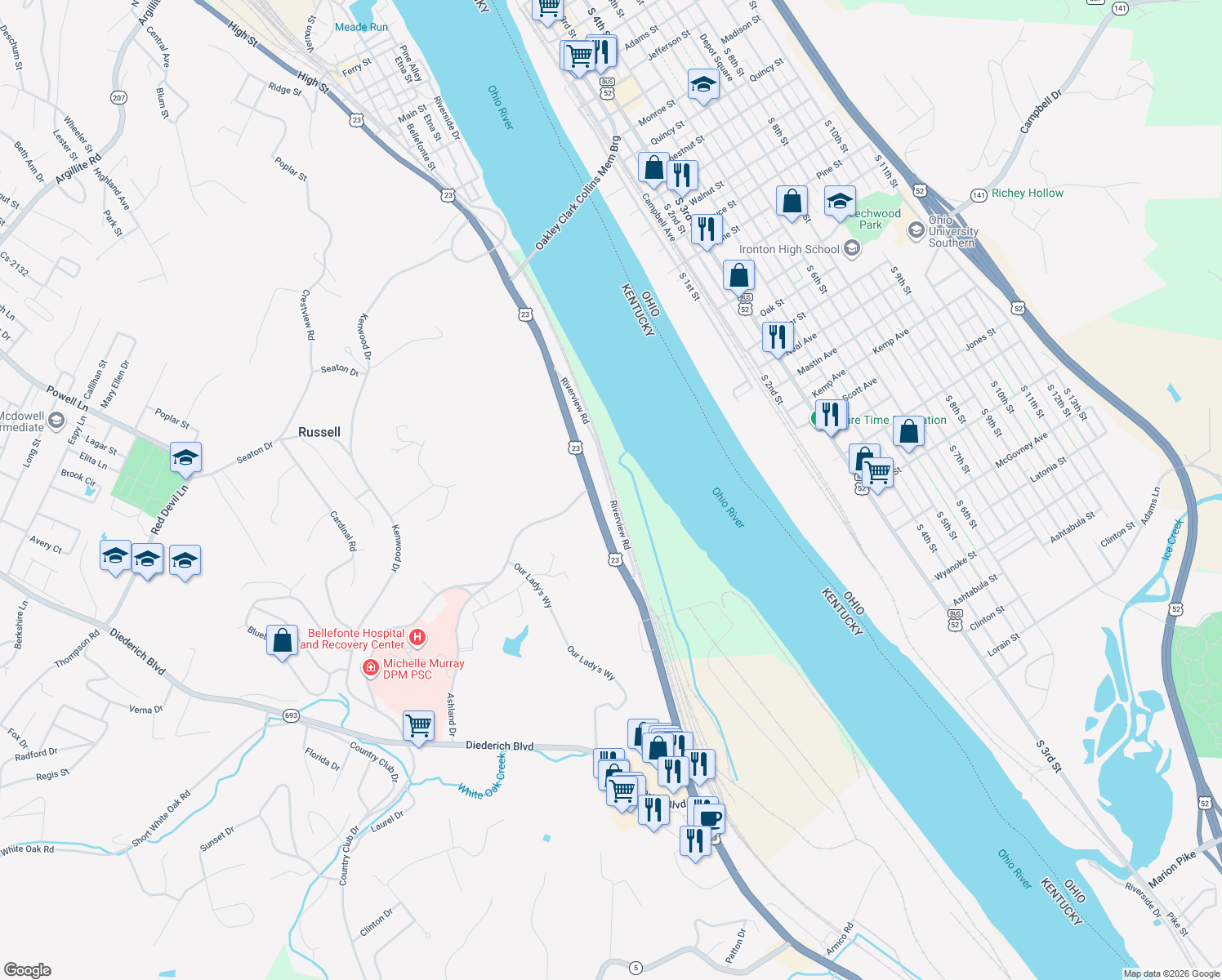 map of restaurants, bars, coffee shops, grocery stores, and more near 1299 Riverview Road in Ashland