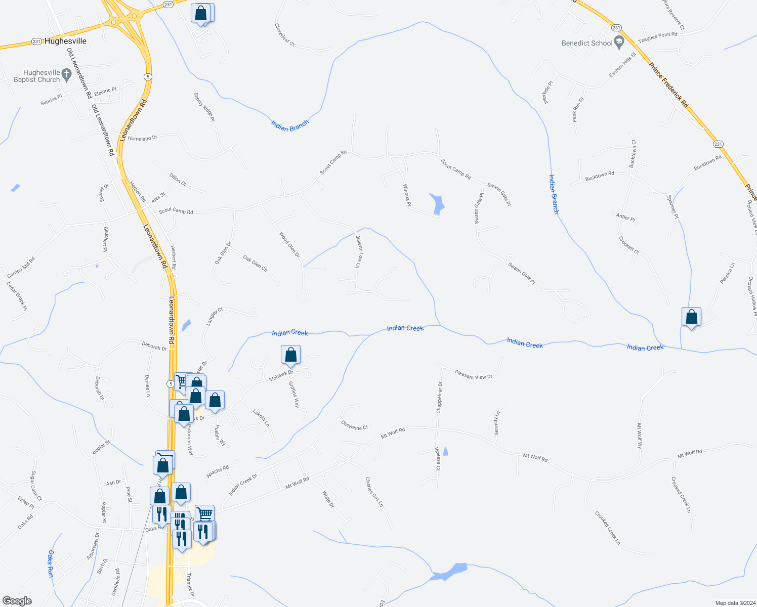 map of restaurants, bars, coffee shops, grocery stores, and more near 7153 Juliette Low Lane in Hughesville