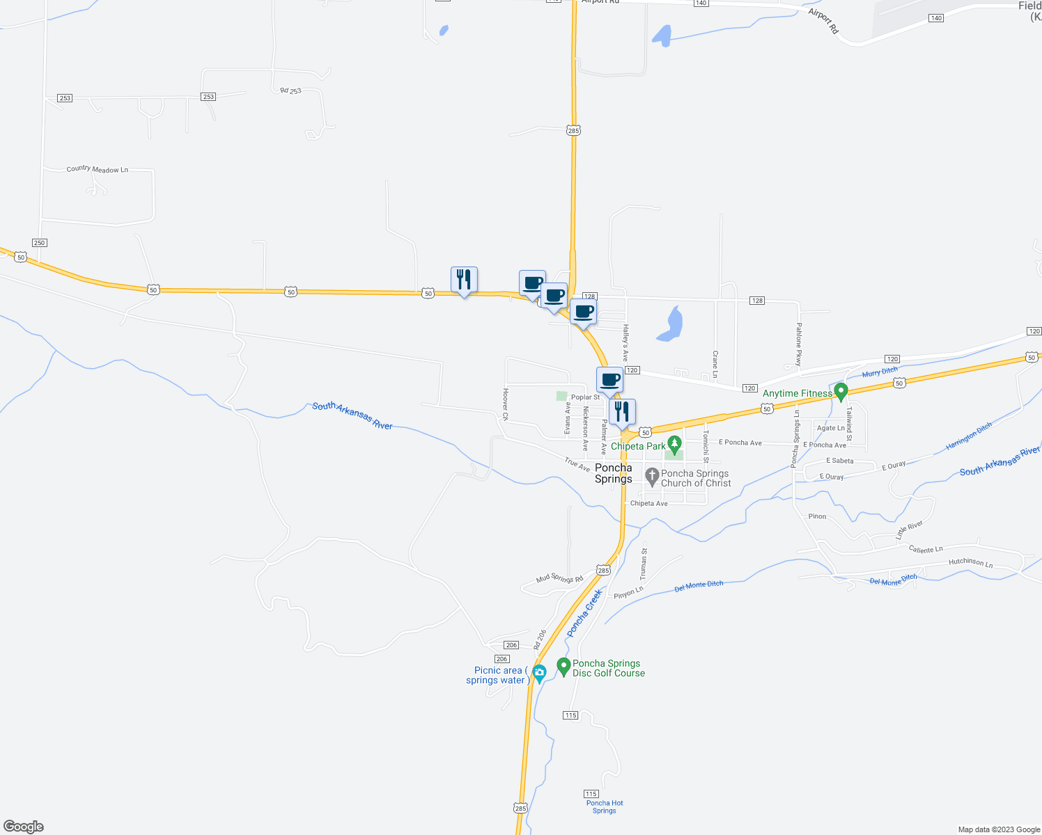 map of restaurants, bars, coffee shops, grocery stores, and more near 650 Hoover Circle in Salida