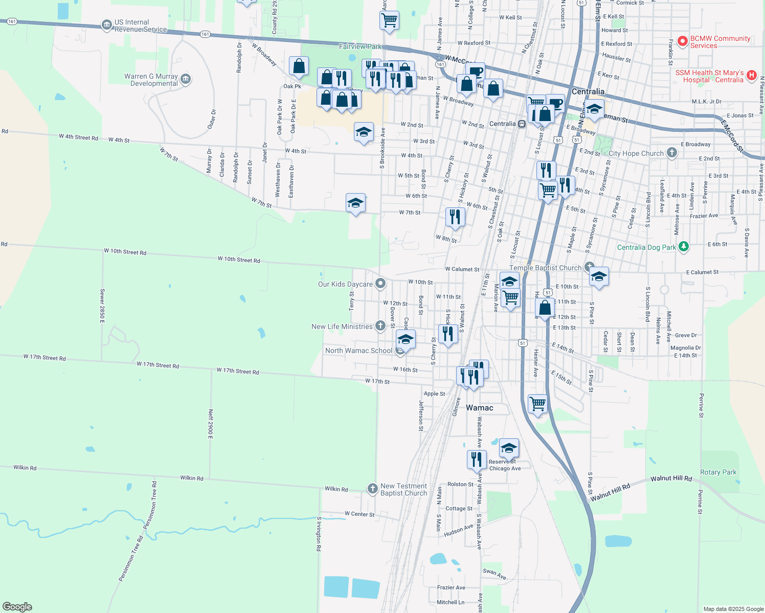 map of restaurants, bars, coffee shops, grocery stores, and more near 1105 South Brookside Street in Centralia