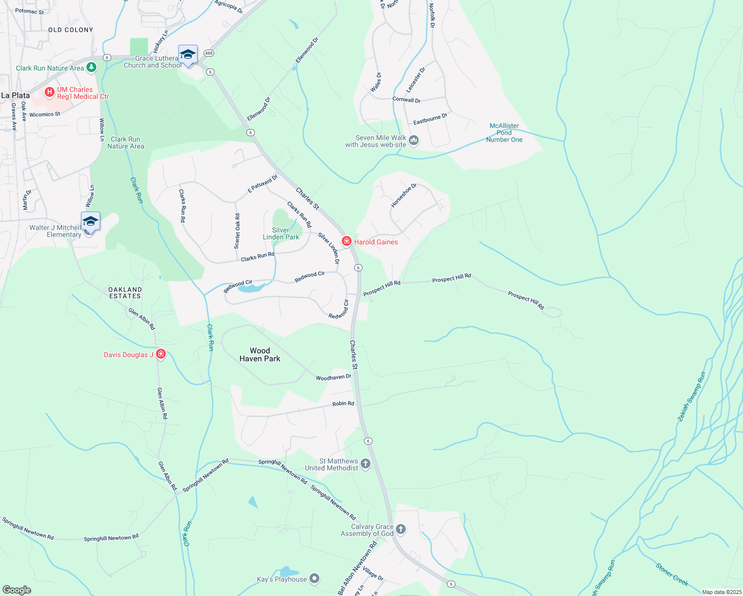 map of restaurants, bars, coffee shops, grocery stores, and more near 7180 Prospect Hill Rd in La Plata