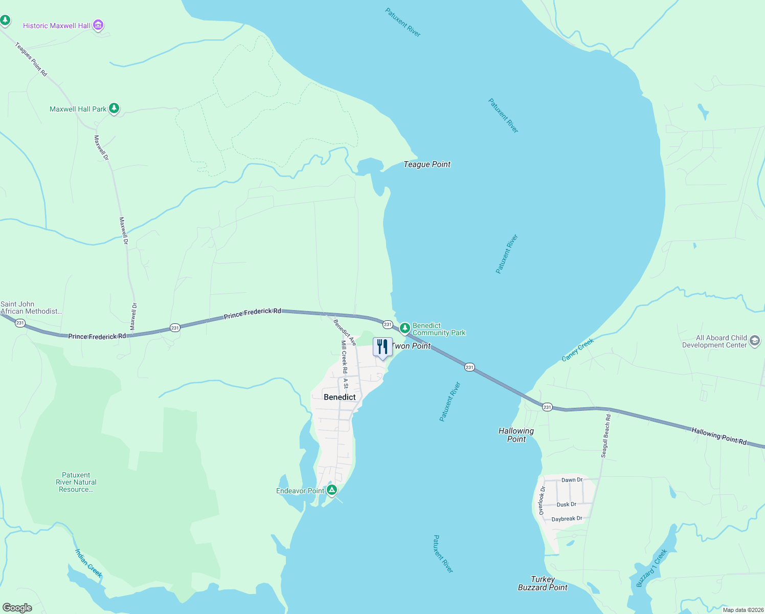 map of restaurants, bars, coffee shops, grocery stores, and more near 18220 Prince Frederick Road in Hughesville