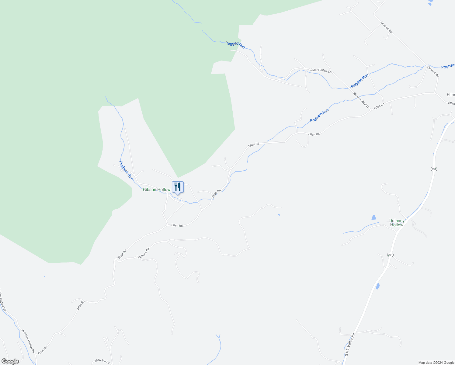map of restaurants, bars, coffee shops, grocery stores, and more near Etlan Road in Etlan