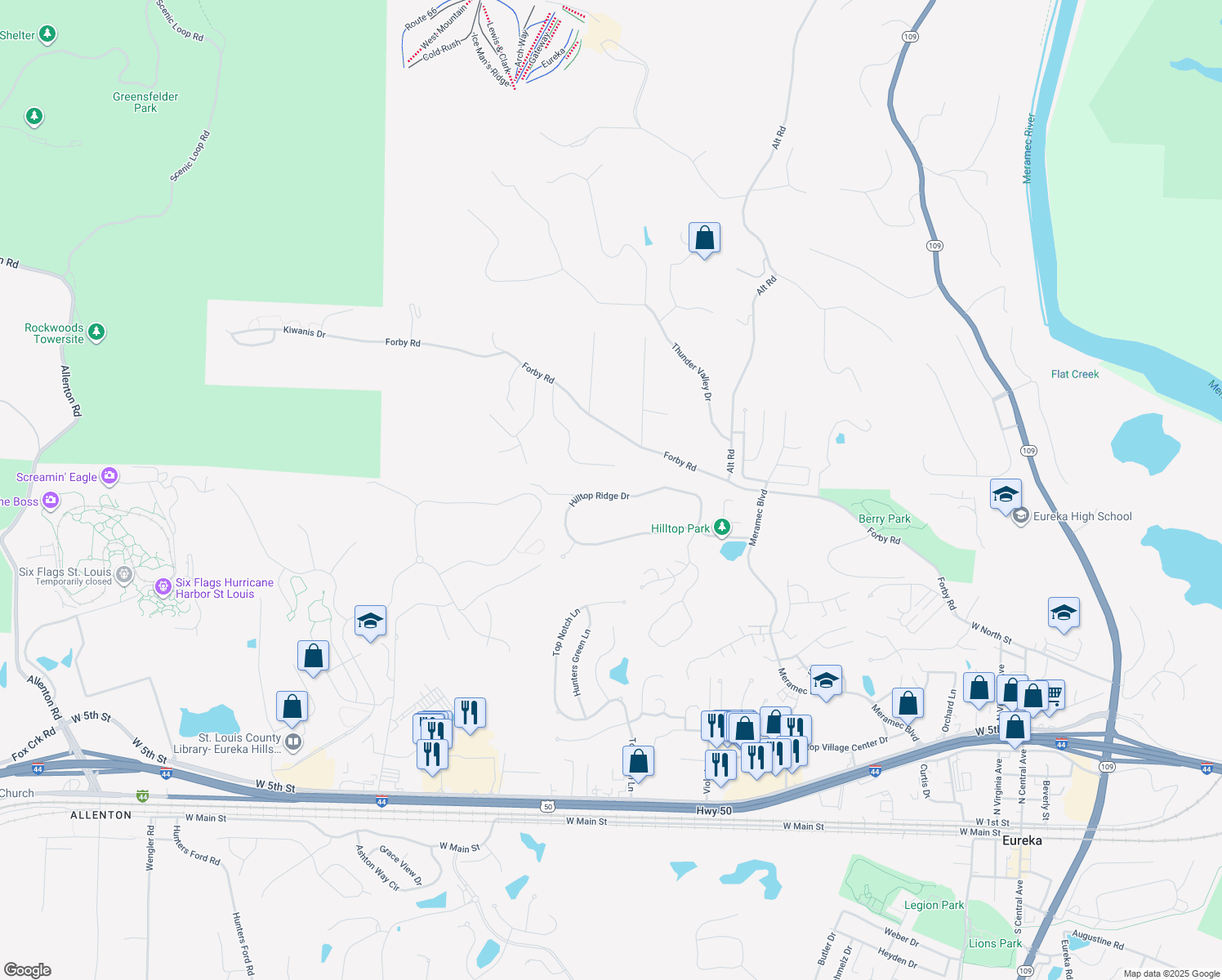 map of restaurants, bars, coffee shops, grocery stores, and more near 17364 Hilltop Ridge Drive in Eureka