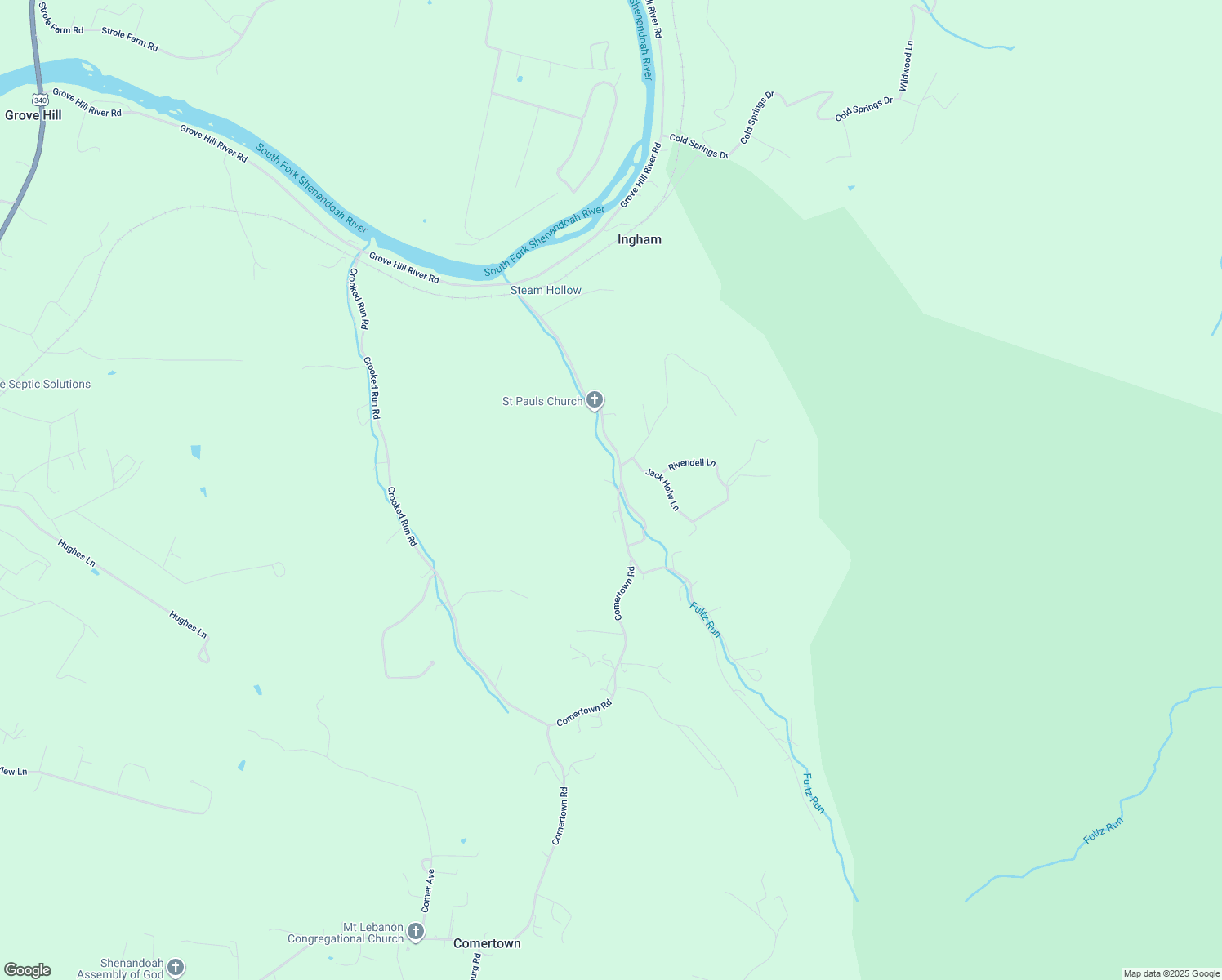 map of restaurants, bars, coffee shops, grocery stores, and more near 2891 Comertown Road in Shenandoah