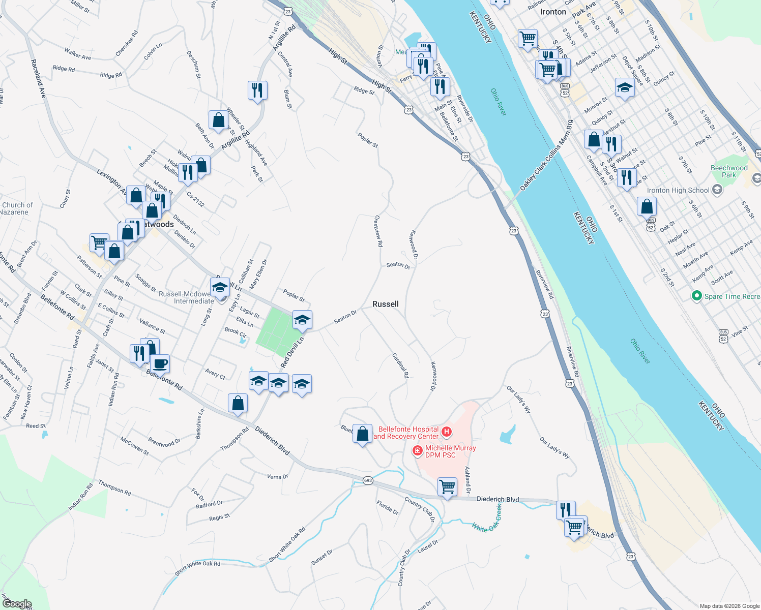 map of restaurants, bars, coffee shops, grocery stores, and more near 101-123 Gesling Rd in Russell