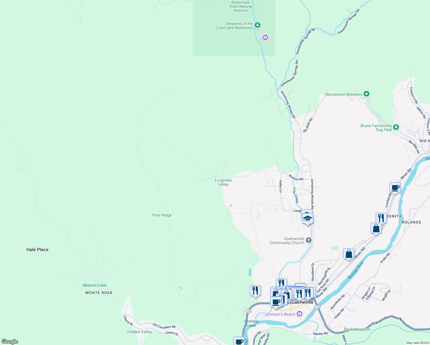 map of restaurants, bars, coffee shops, grocery stores, and more near 16796 Watson Road in Guerneville