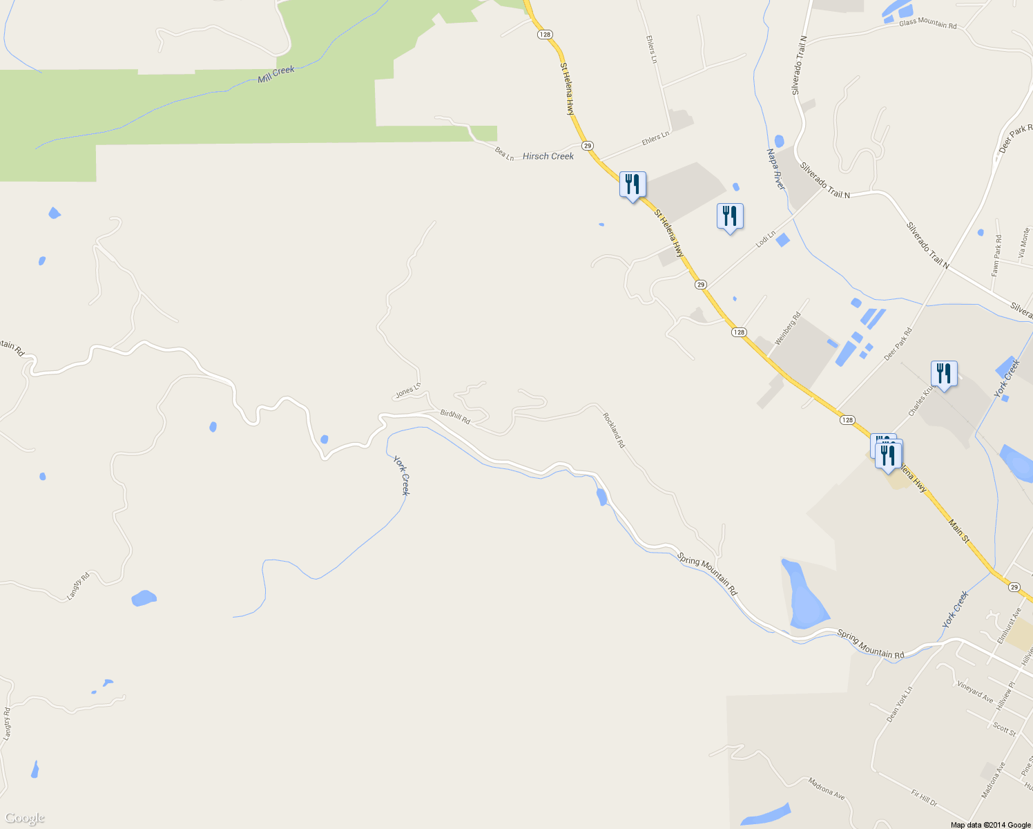 map of restaurants, bars, coffee shops, grocery stores, and more near 1278 Rockland Road in Saint Helena
