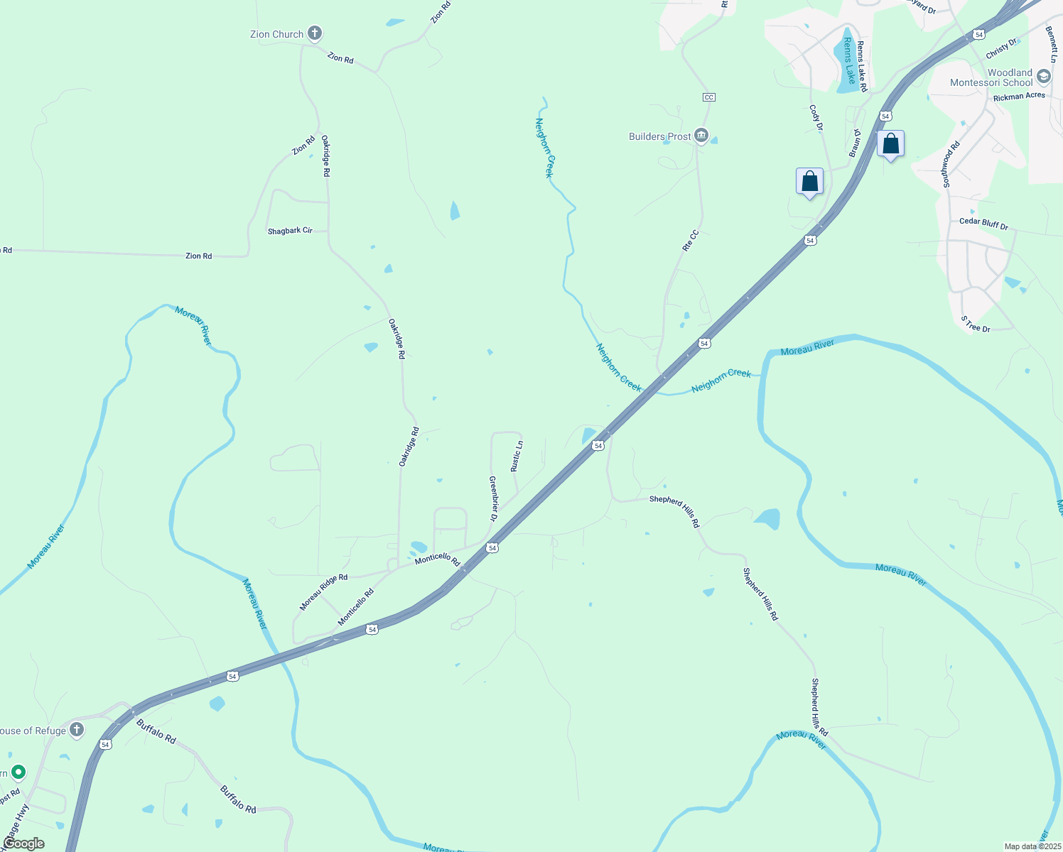 map of restaurants, bars, coffee shops, grocery stores, and more near 3909 Rustic Lane in Jefferson City