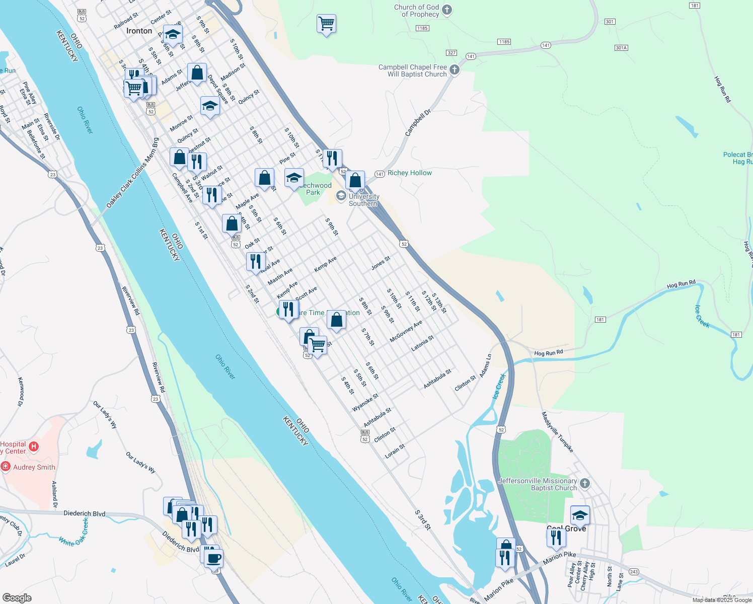 map of restaurants, bars, coffee shops, grocery stores, and more near 2426 South 9th Street in Ironton