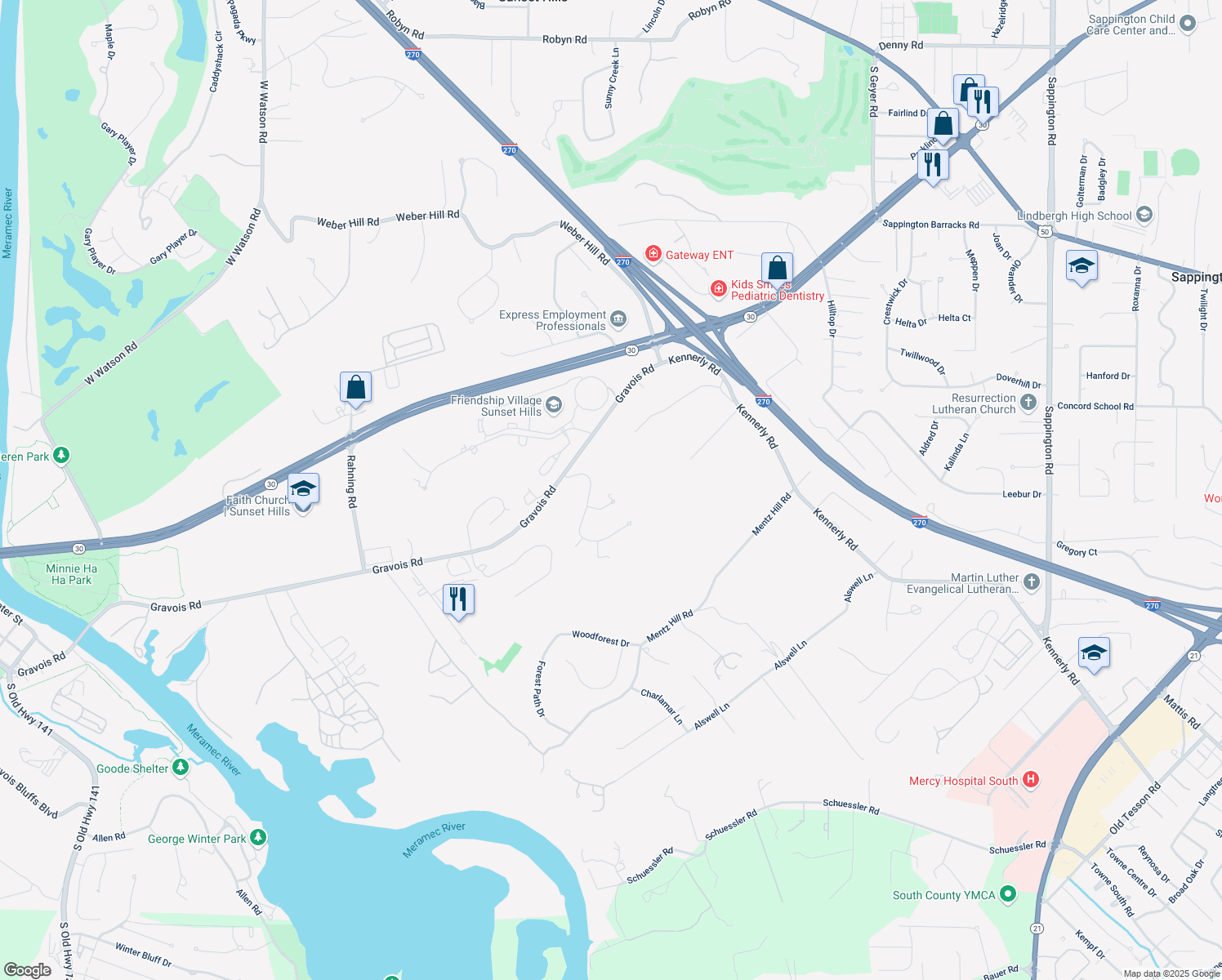 map of restaurants, bars, coffee shops, grocery stores, and more near 12511 Triple Oaks Drive in St. Louis