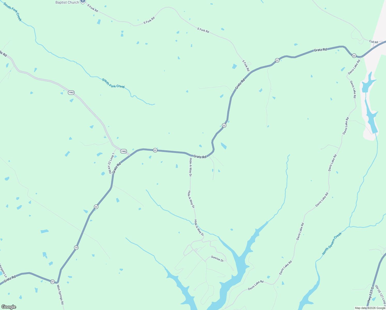 map of restaurants, bars, coffee shops, grocery stores, and more near 3105 Gratz Road in Owenton