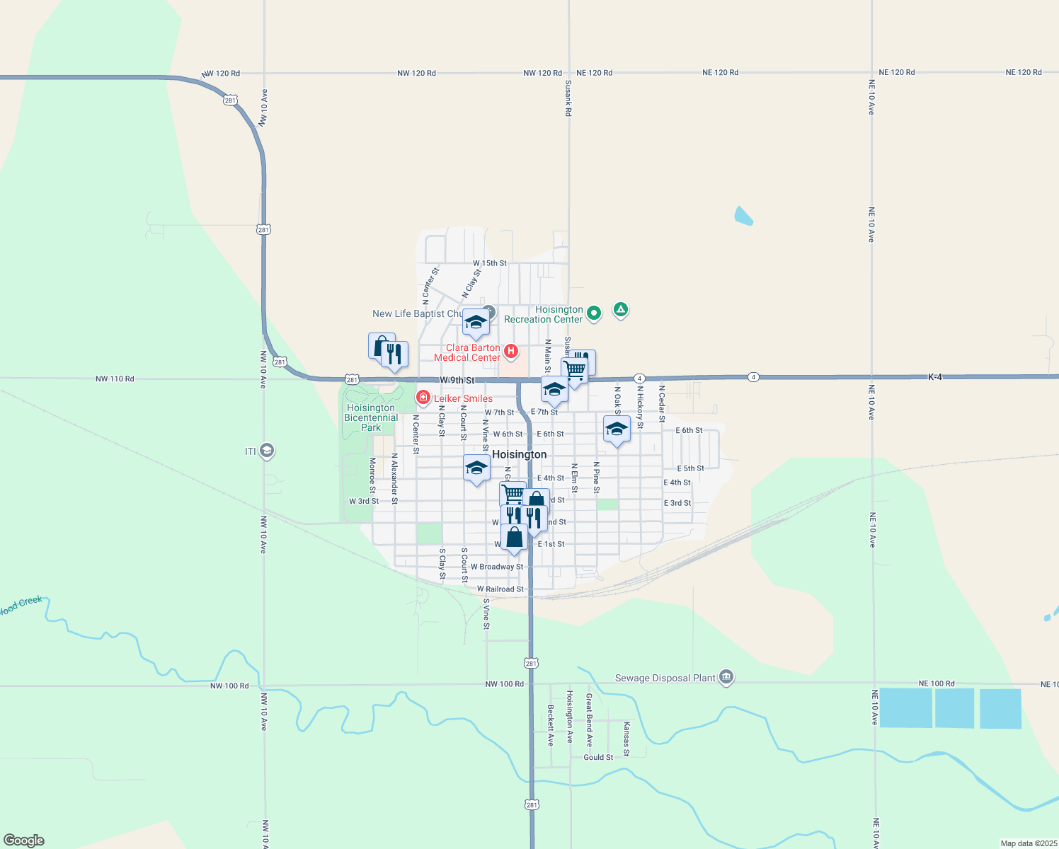 map of restaurants, bars, coffee shops, grocery stores, and more near N Main St in Hoisington