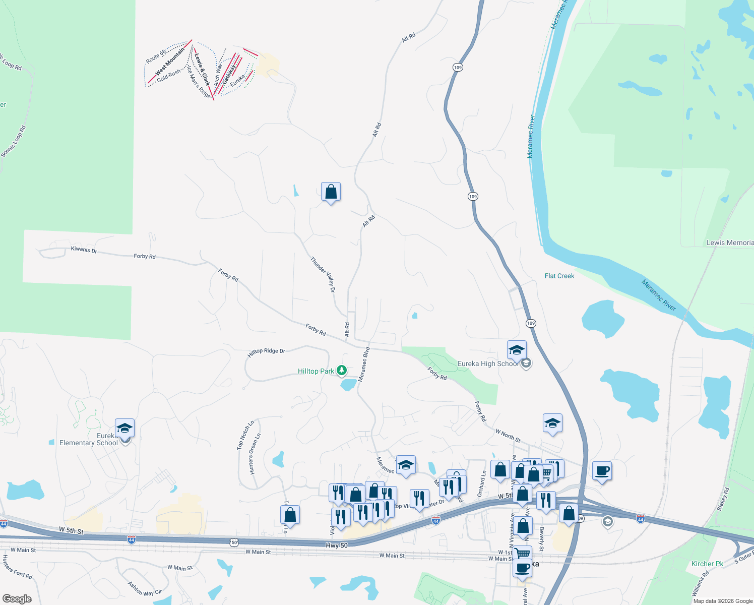 map of restaurants, bars, coffee shops, grocery stores, and more near 4615 Meramec Boulevard in Eureka