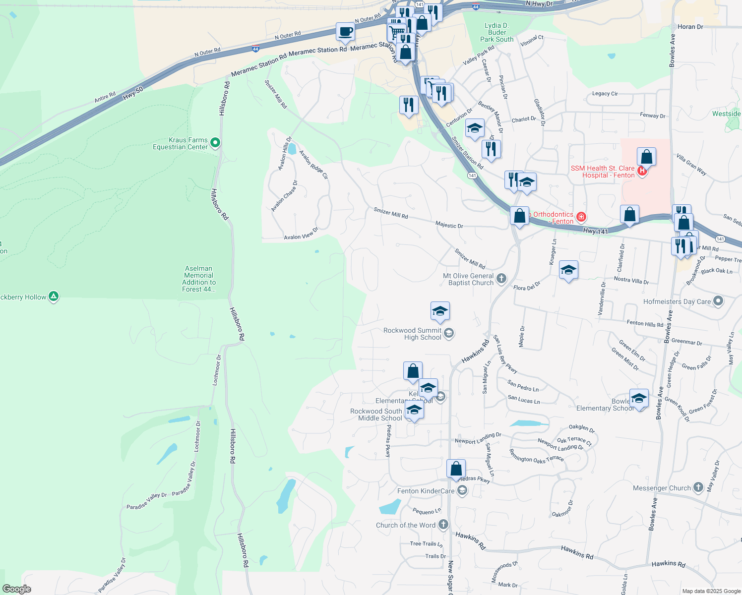map of restaurants, bars, coffee shops, grocery stores, and more near 1552 Ivy Chase Lane in Fenton