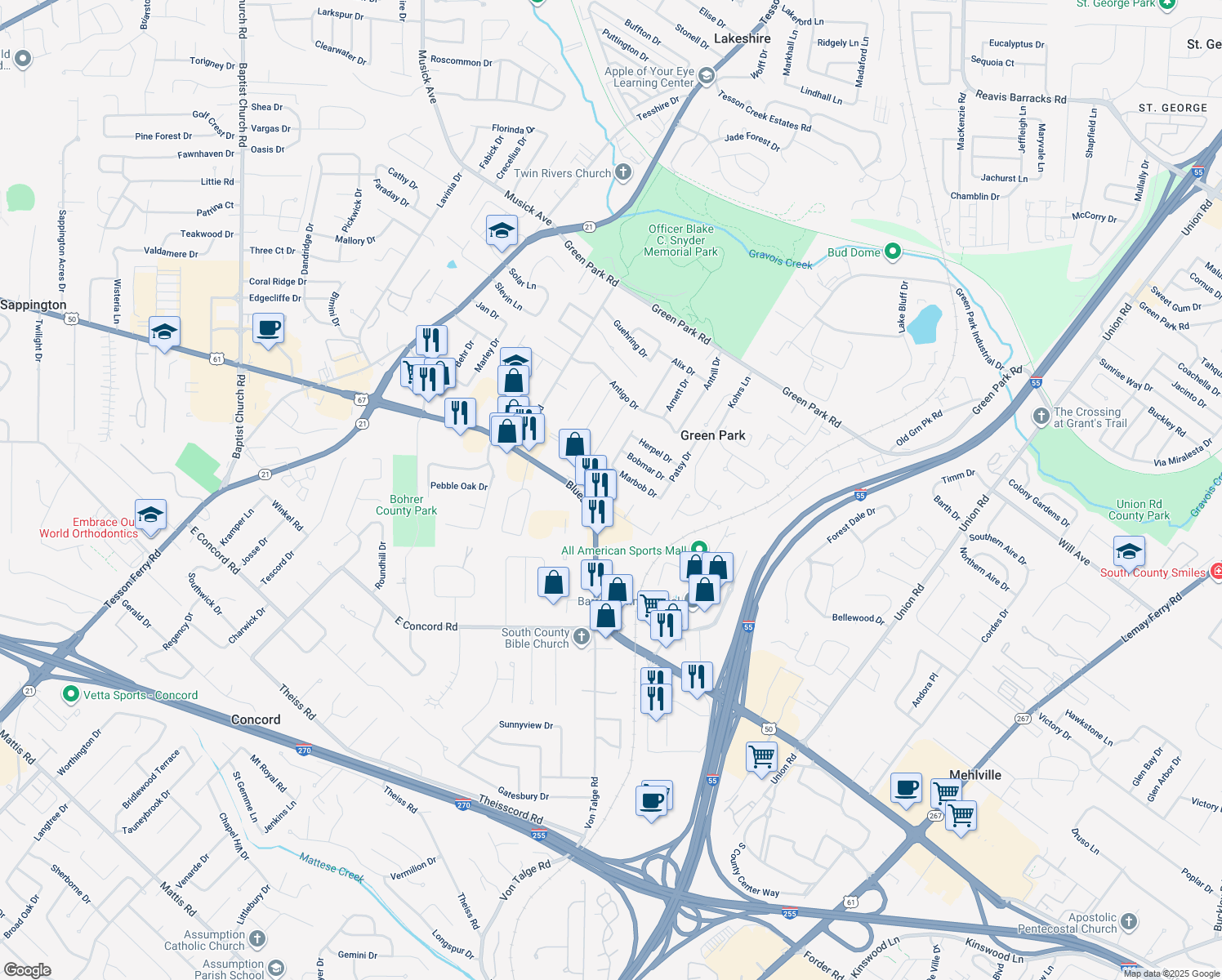 map of restaurants, bars, coffee shops, grocery stores, and more near 11216 Flori Drive in St. Louis