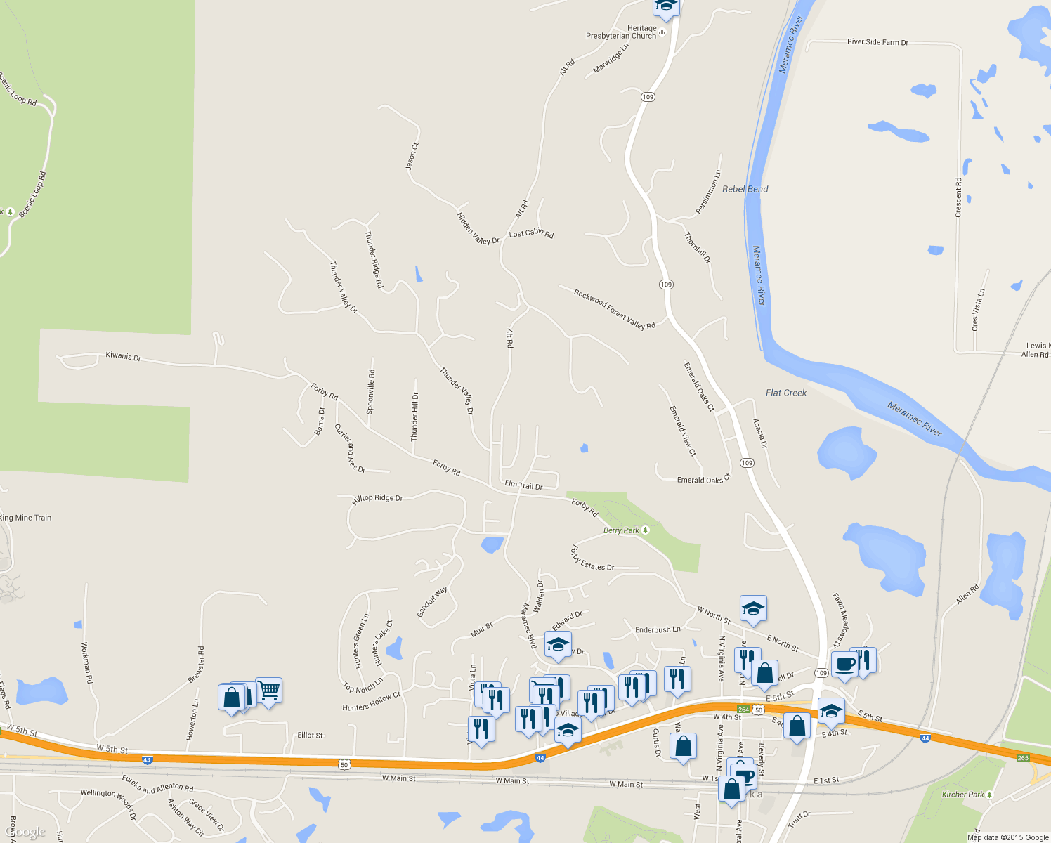 map of restaurants, bars, coffee shops, grocery stores, and more near 4615 Meramec Boulevard in Eureka
