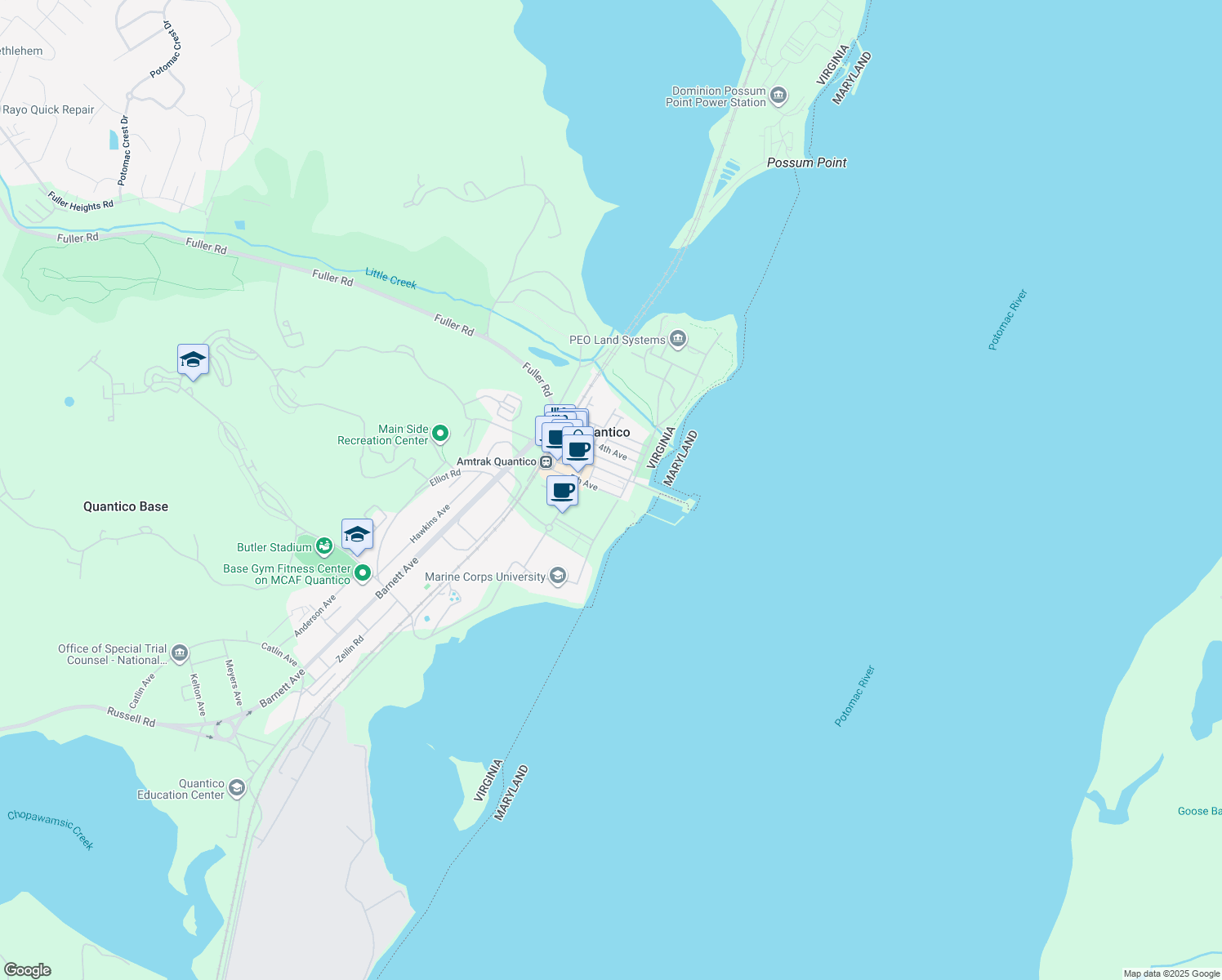 map of restaurants, bars, coffee shops, grocery stores, and more near 215 5th Avenue in Quantico