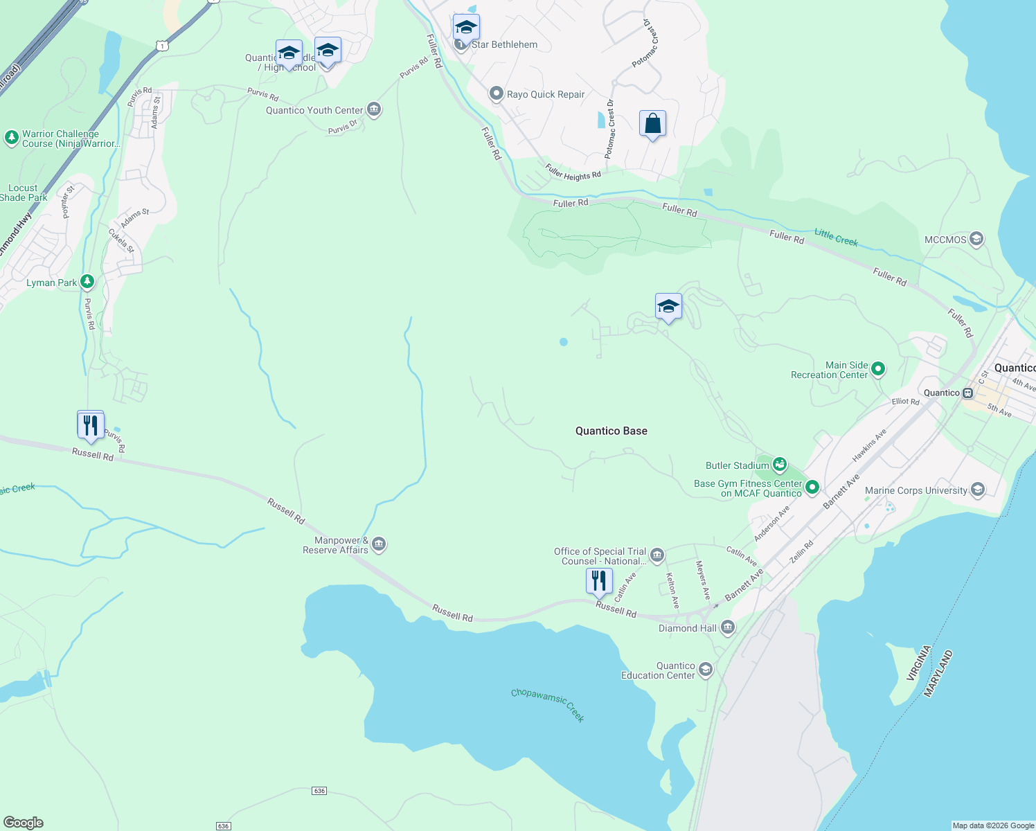 map of restaurants, bars, coffee shops, grocery stores, and more near  in Quantico