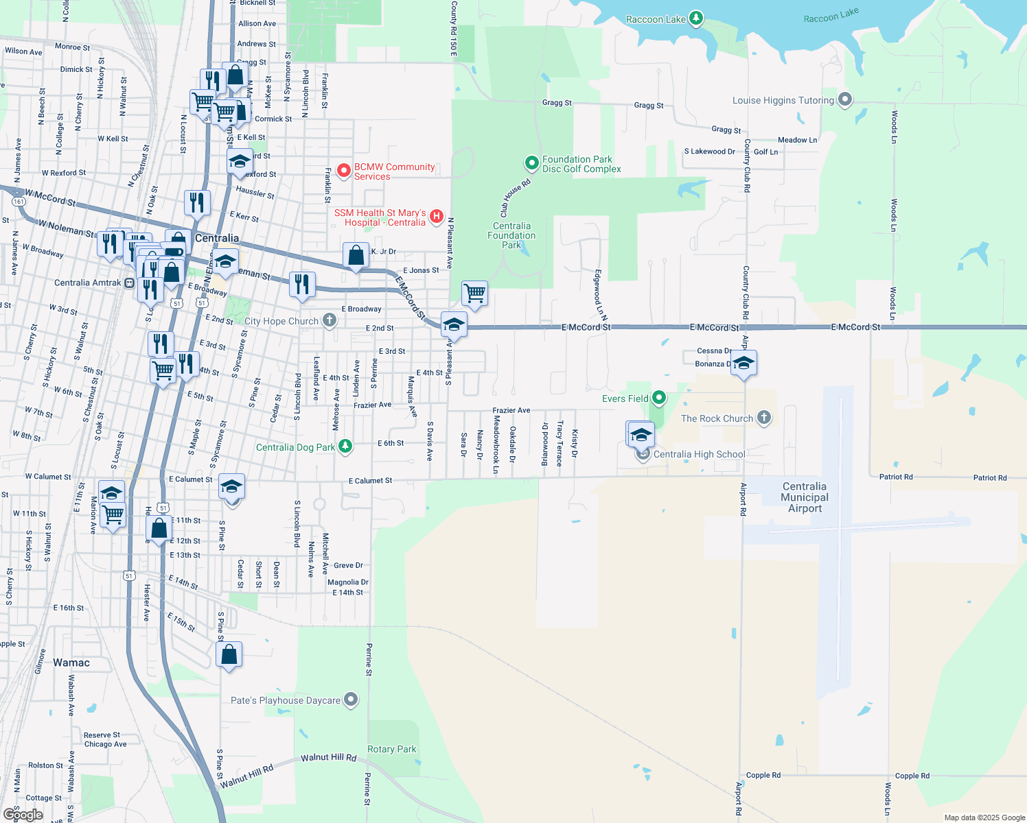 map of restaurants, bars, coffee shops, grocery stores, and more near 645 Oakdale Dr in Centralia