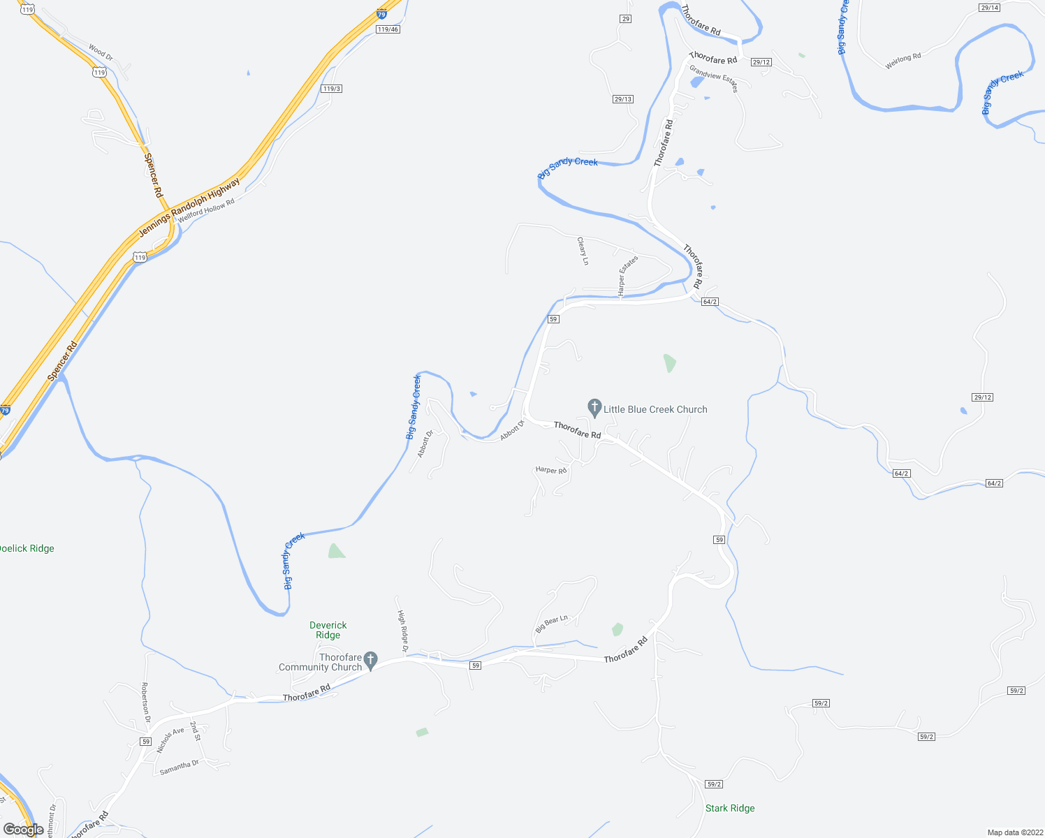 map of restaurants, bars, coffee shops, grocery stores, and more near Thorofare Road in Clendenin