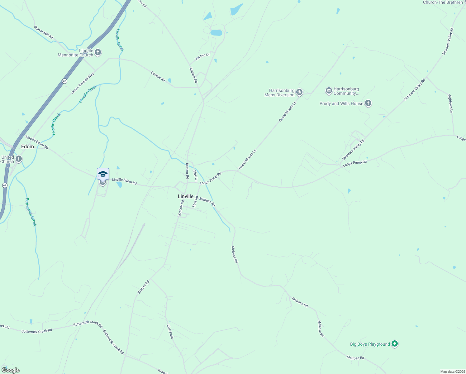 map of restaurants, bars, coffee shops, grocery stores, and more near 2893 Longs Pump Rd in Harrisonburg