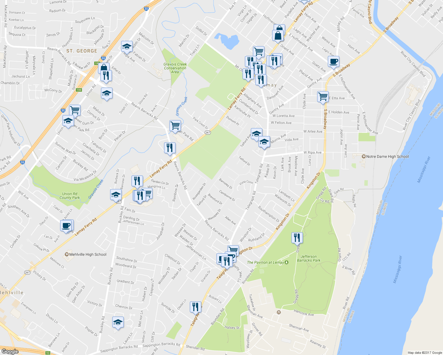 map of restaurants, bars, coffee shops, grocery stores, and more near 845 Barnsley Drive in St. Louis