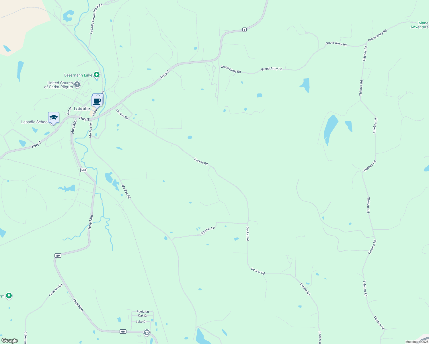 map of restaurants, bars, coffee shops, grocery stores, and more near 263 Decker Road in Labadie