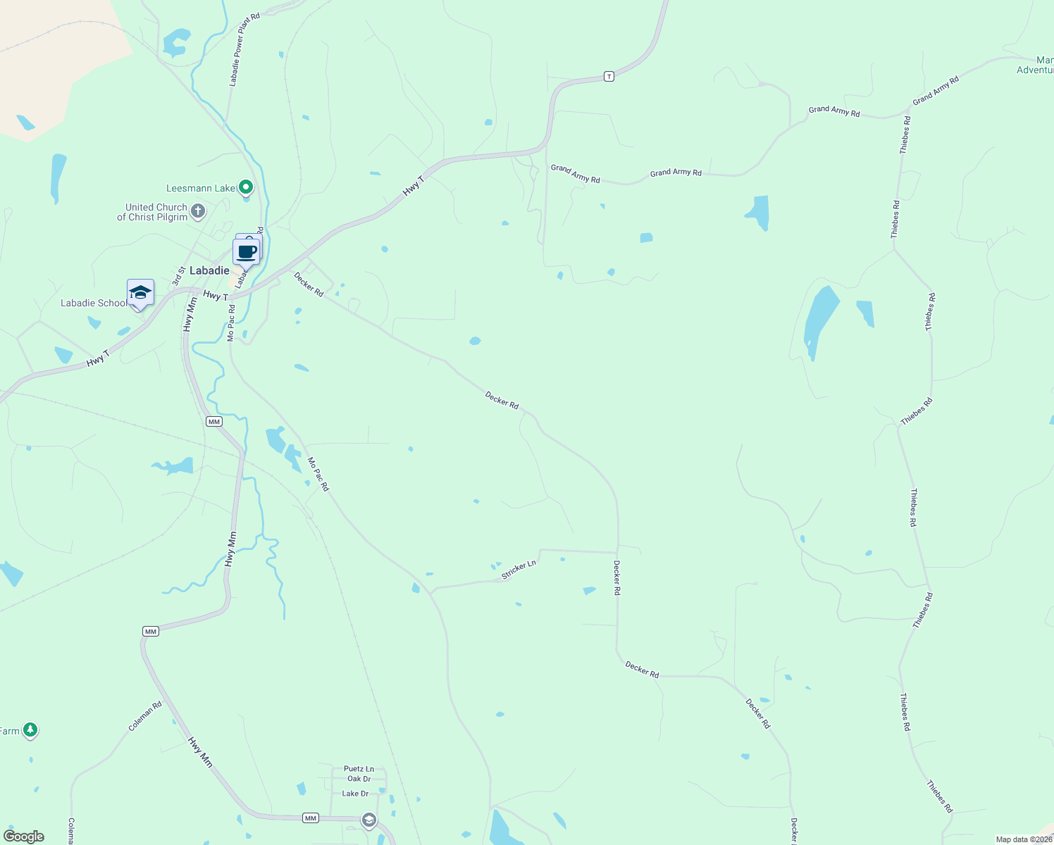 map of restaurants, bars, coffee shops, grocery stores, and more near 263 Decker Road in Labadie