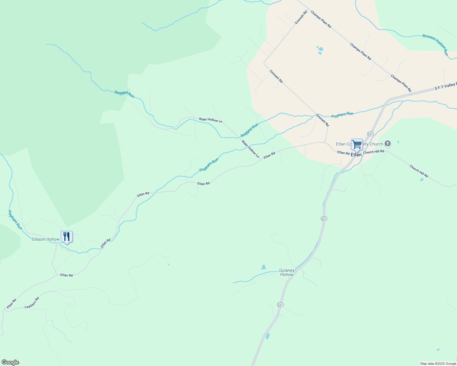 map of restaurants, bars, coffee shops, grocery stores, and more near 3224 Etlan Road in Etlan