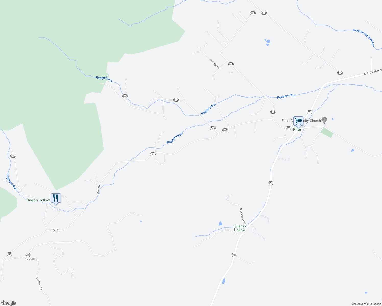 map of restaurants, bars, coffee shops, grocery stores, and more near 3224 Etlan Road in Etlan