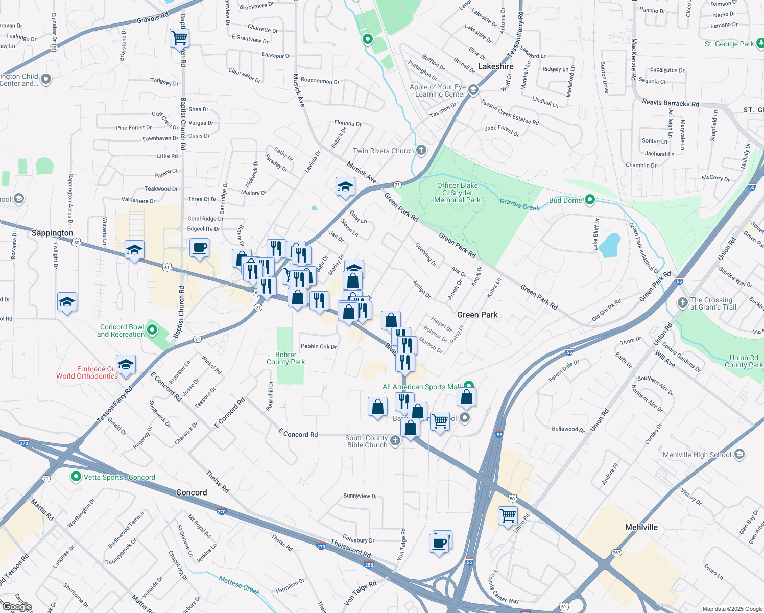 map of restaurants, bars, coffee shops, grocery stores, and more near 11021 Acton Dr in St Louis