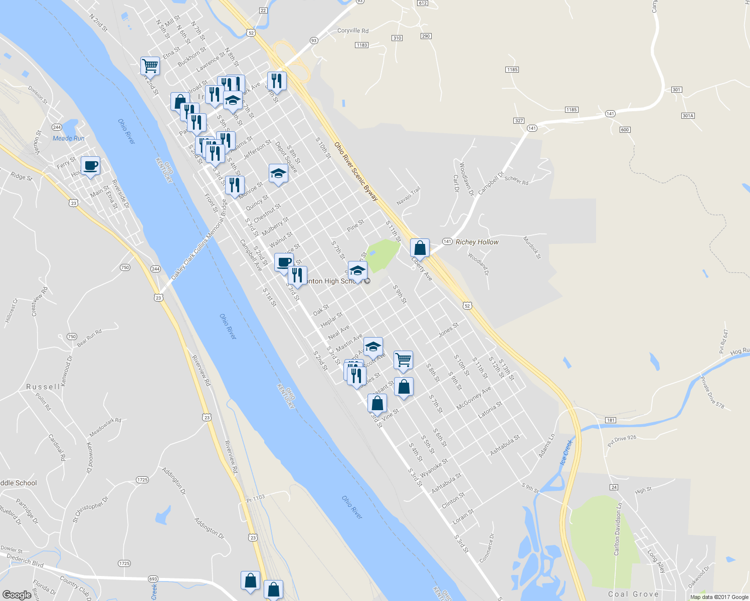 map of restaurants, bars, coffee shops, grocery stores, and more near 1815 South 7th Street in Ironton
