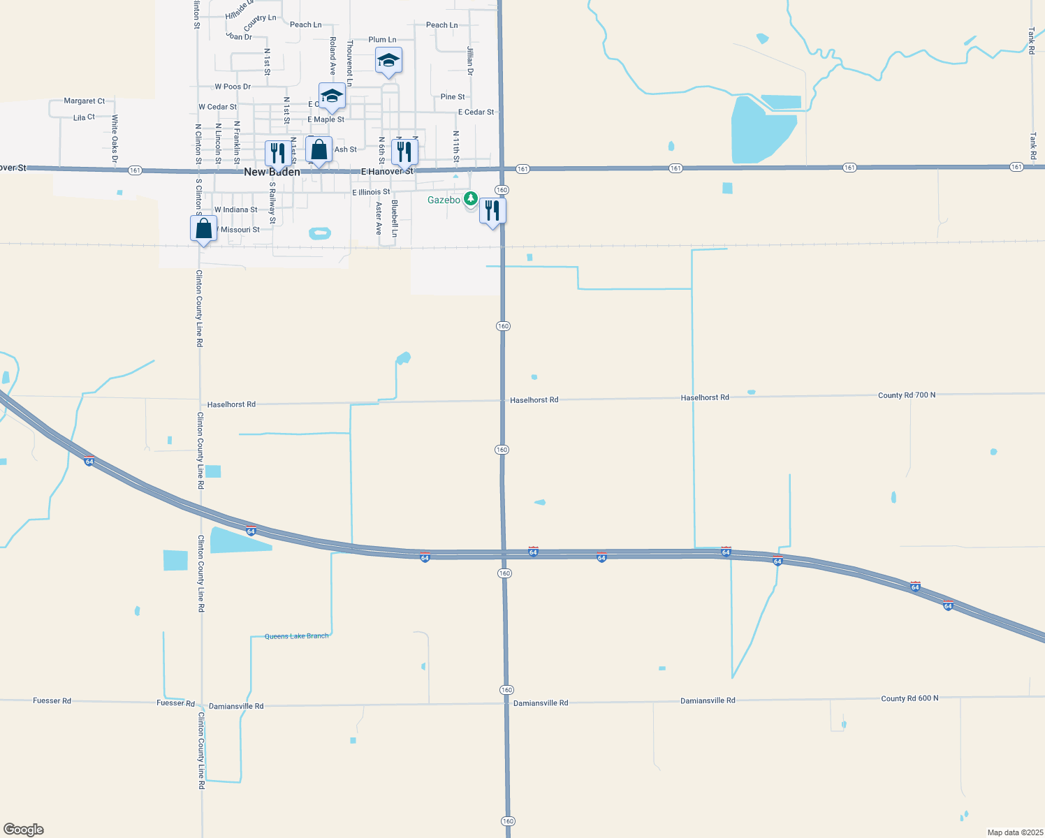 map of restaurants, bars, coffee shops, grocery stores, and more near 6910 Illinois 160 in New Baden
