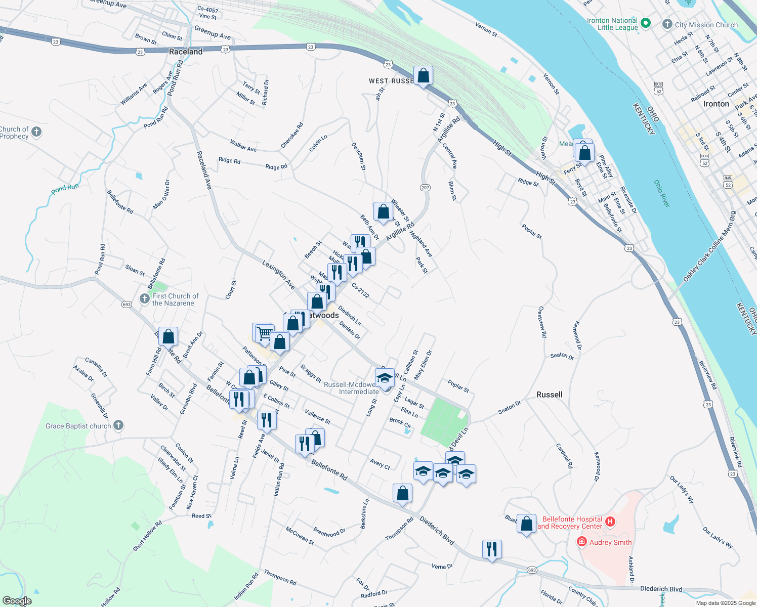 map of restaurants, bars, coffee shops, grocery stores, and more near 906 Mary Sue Drive in Flatwoods