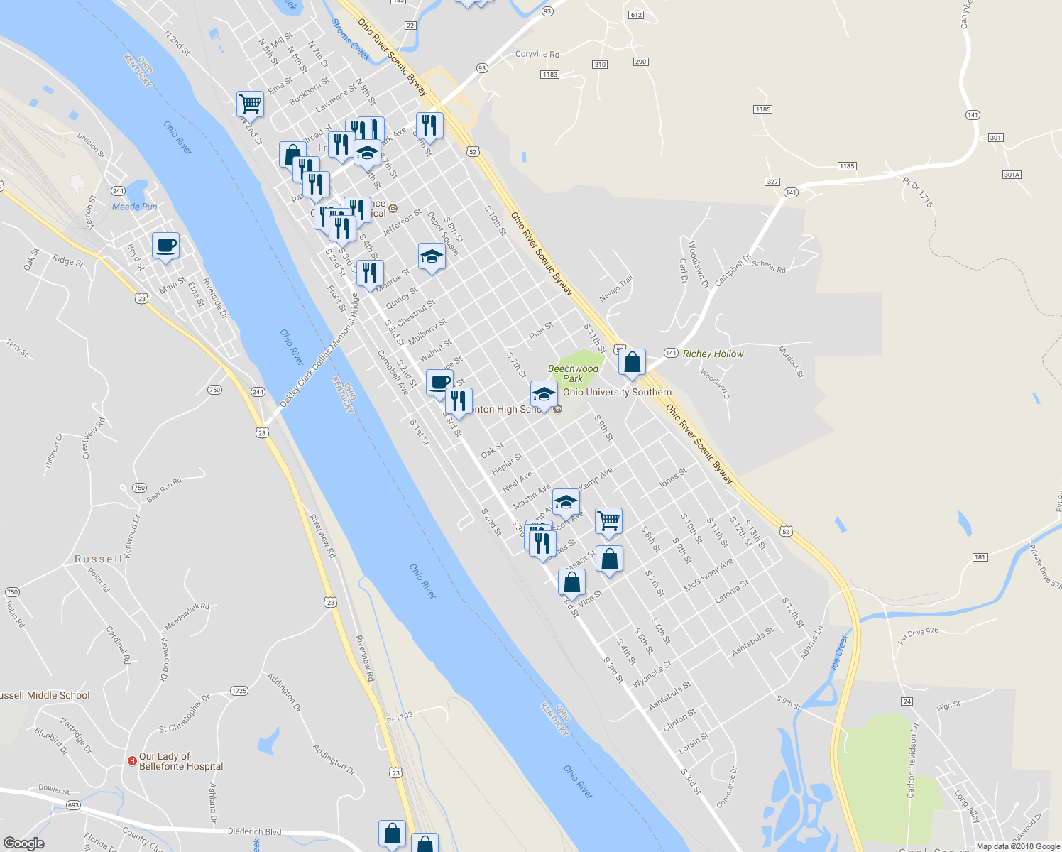 map of restaurants, bars, coffee shops, grocery stores, and more near South 6th Street in Ironton