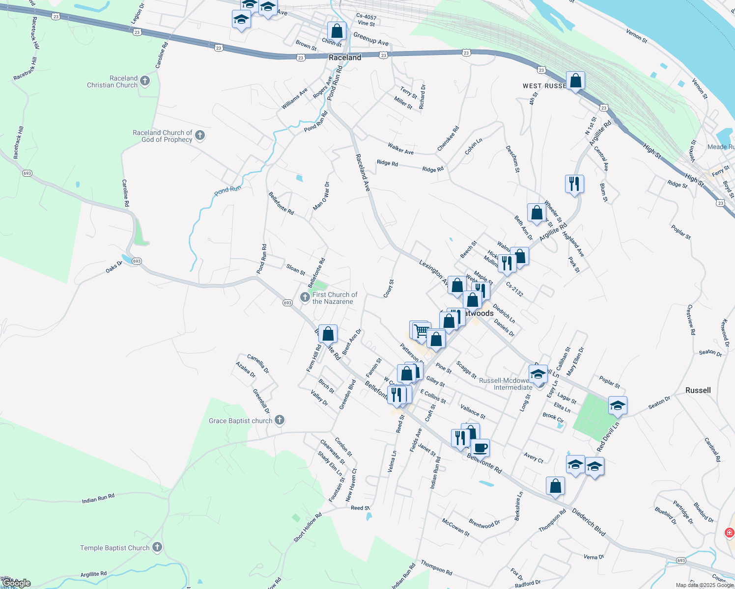 map of restaurants, bars, coffee shops, grocery stores, and more near 2298 Court Street in Flatwoods