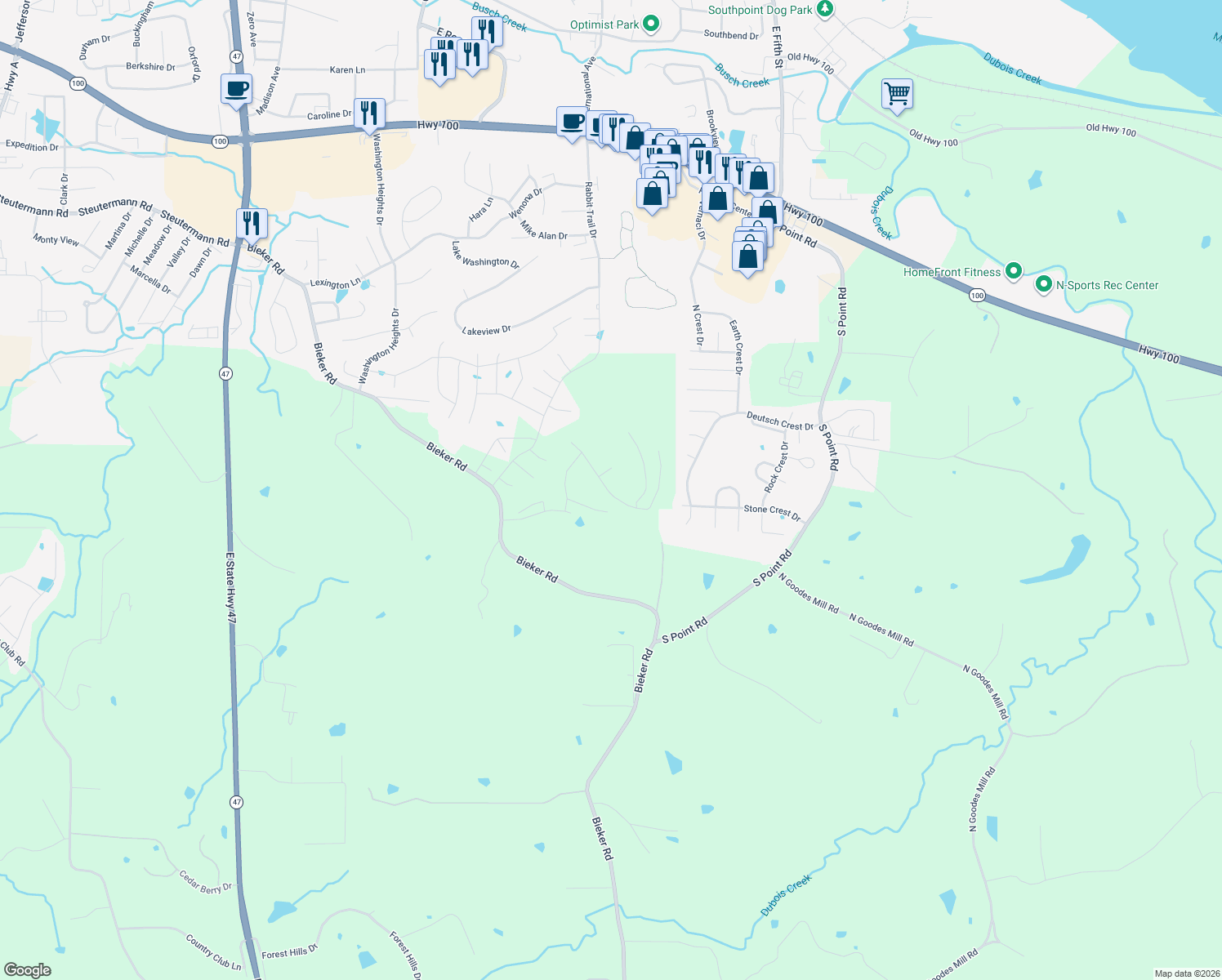 map of restaurants, bars, coffee shops, grocery stores, and more near 817 Kleekamp Lane in Washington