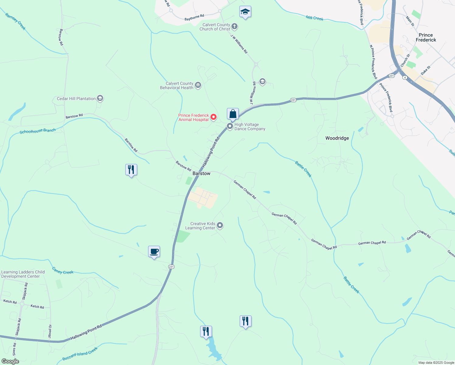 map of restaurants, bars, coffee shops, grocery stores, and more near 3050 German Chapel Rd in Prince Frederick