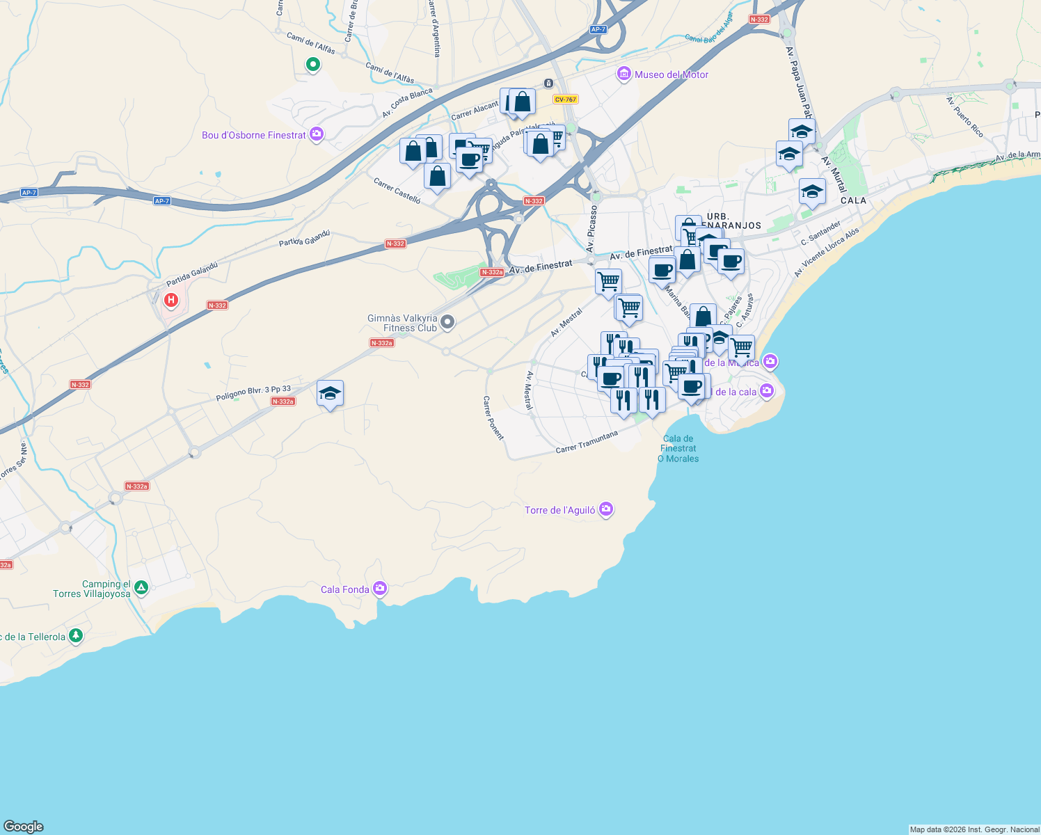 map of restaurants, bars, coffee shops, grocery stores, and more near 5 Avinguda Mestral in La Vila Joiosa