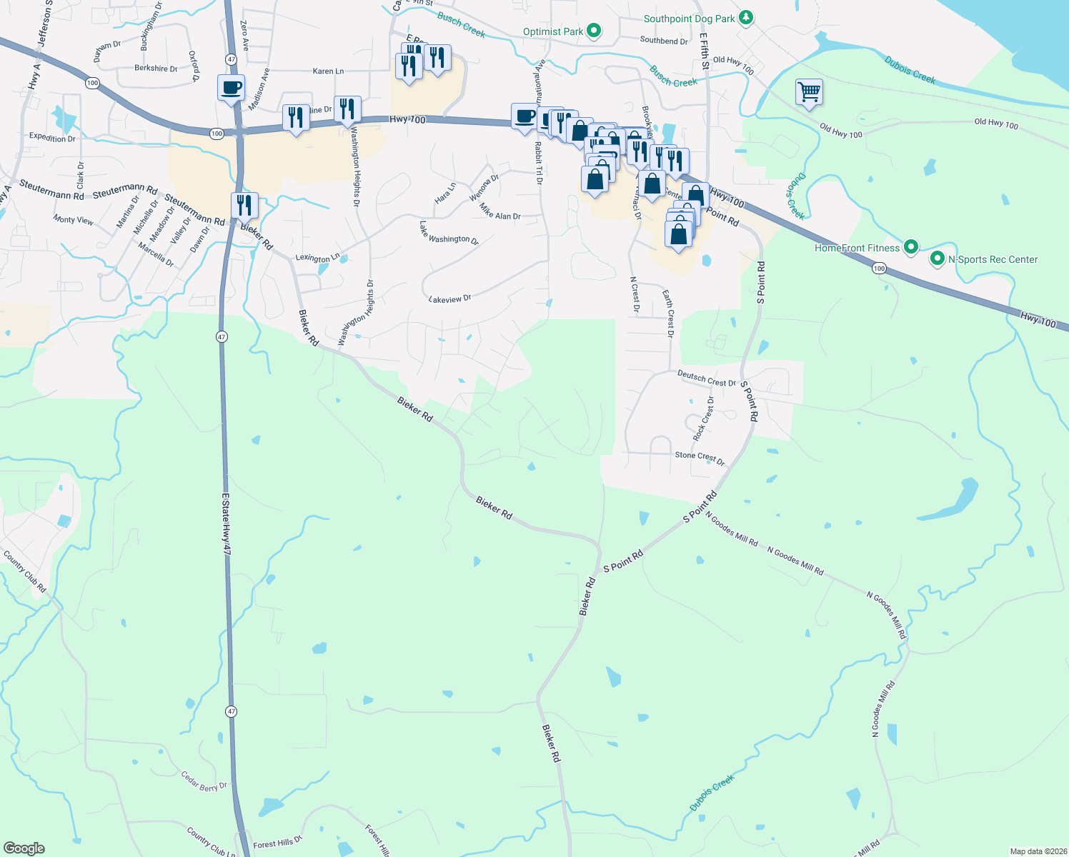 map of restaurants, bars, coffee shops, grocery stores, and more near 3325 Koch Cattle Drive in Washington