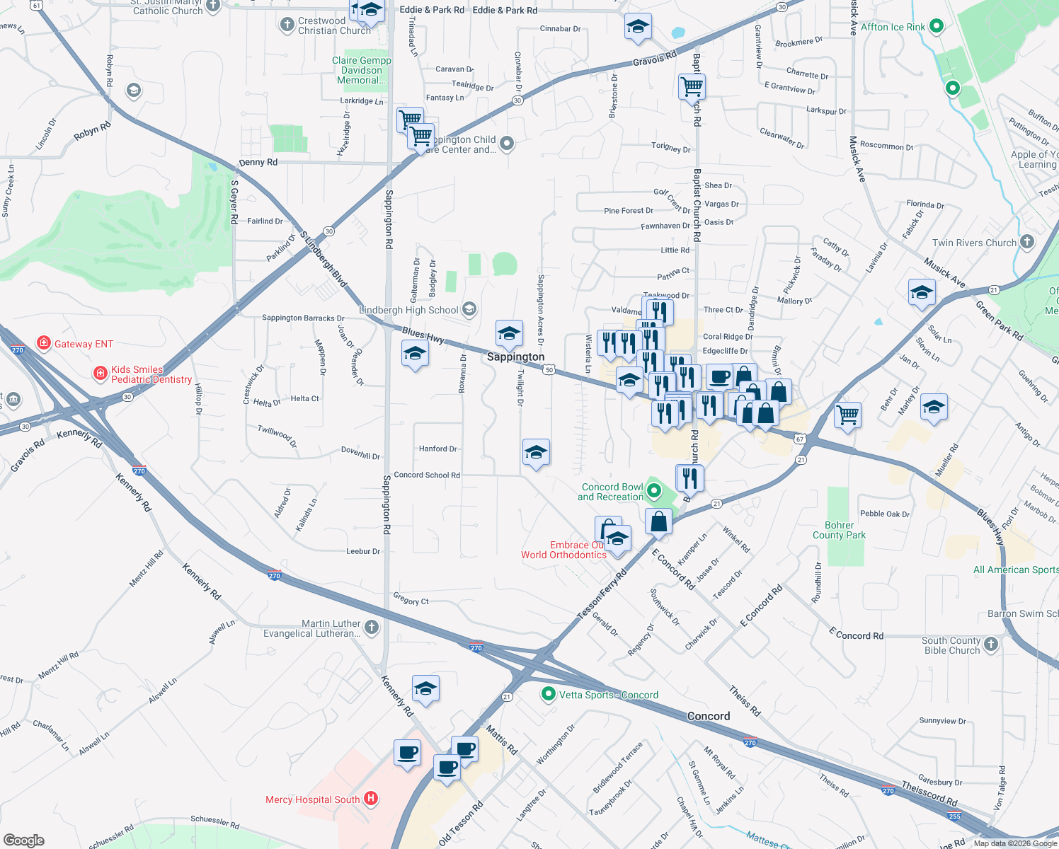map of restaurants, bars, coffee shops, grocery stores, and more near 10608 Twilight Drive in Sappington