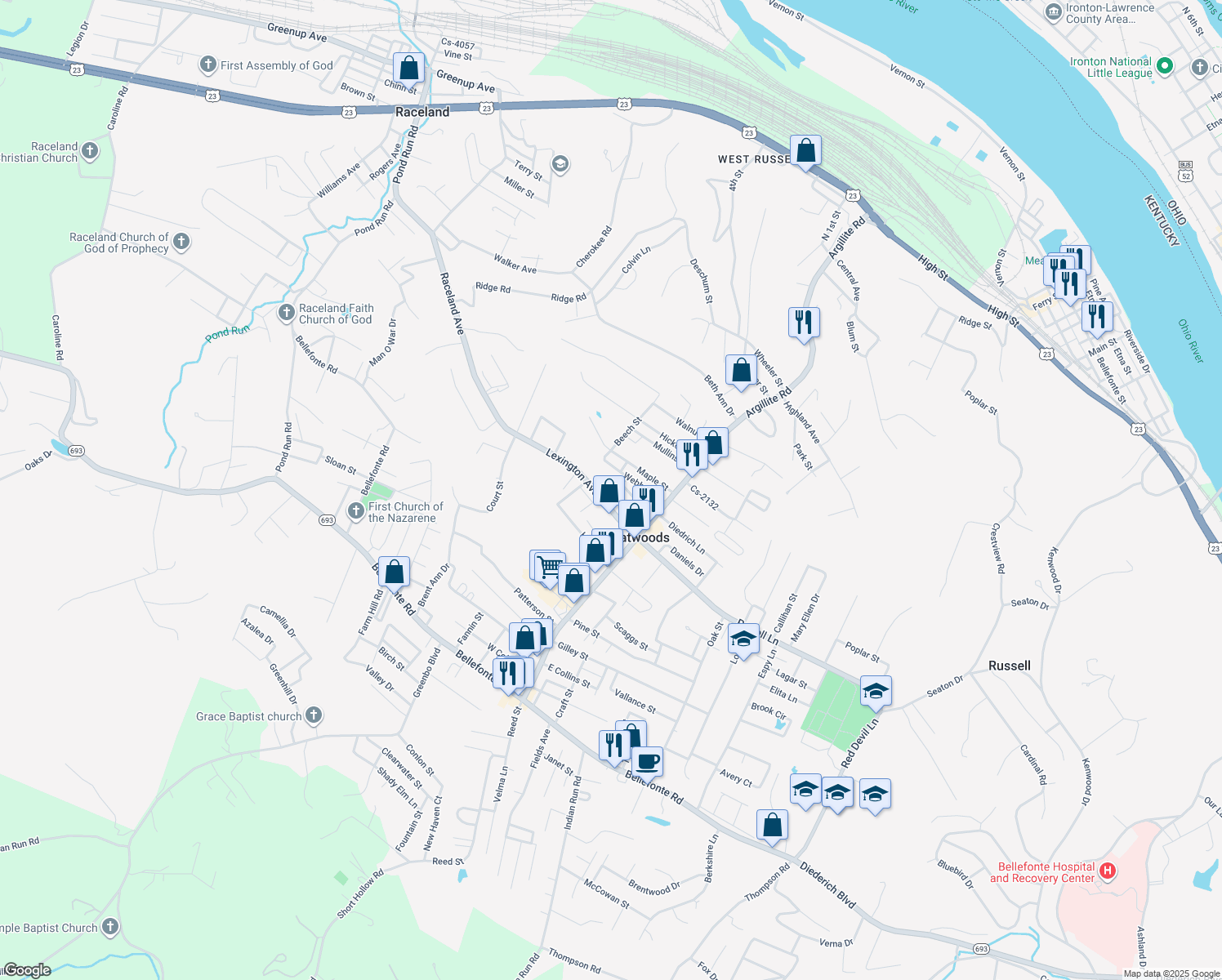 map of restaurants, bars, coffee shops, grocery stores, and more near Alton St in Flatwoods