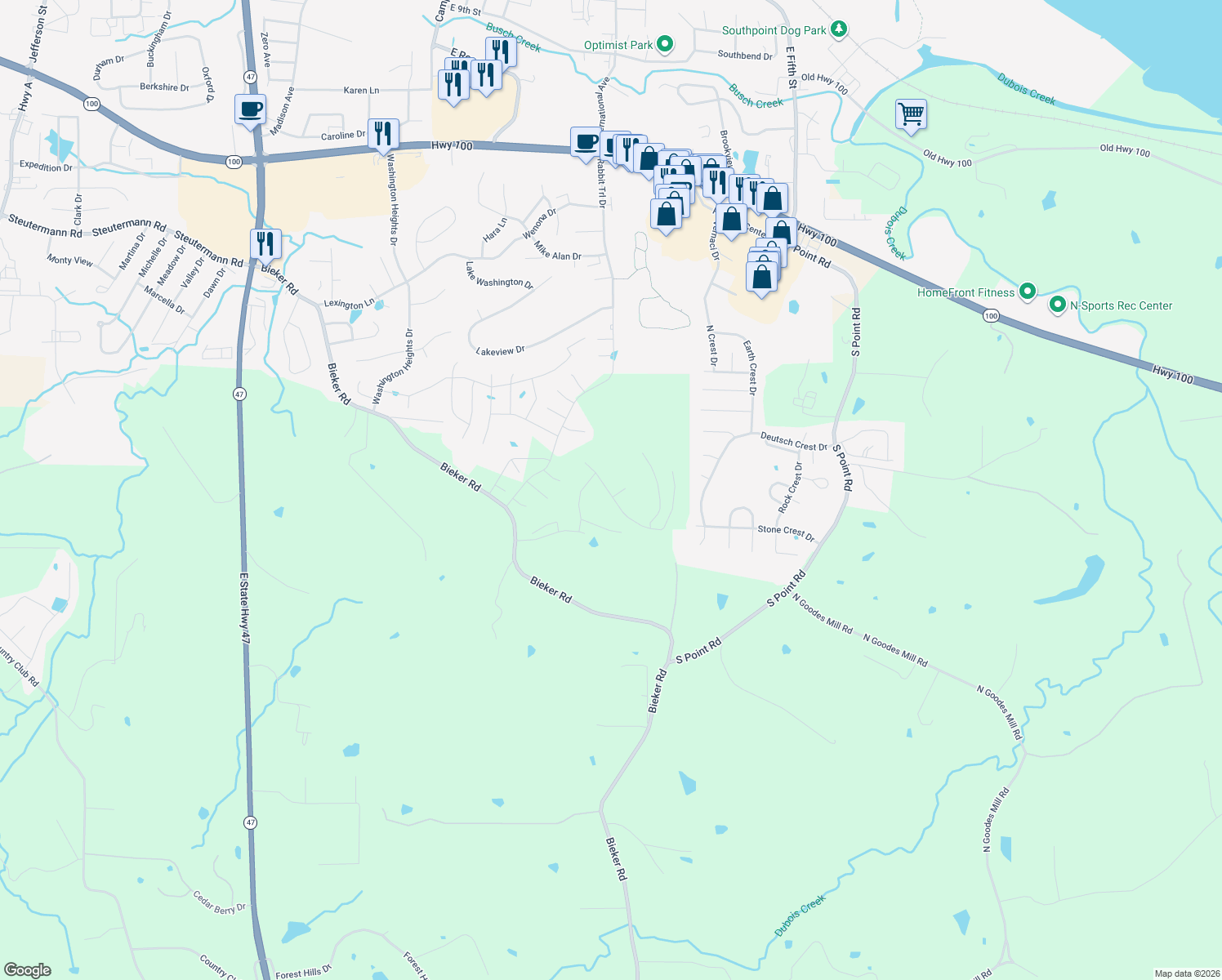 map of restaurants, bars, coffee shops, grocery stores, and more near 817 Kleekamp Lane in Washington