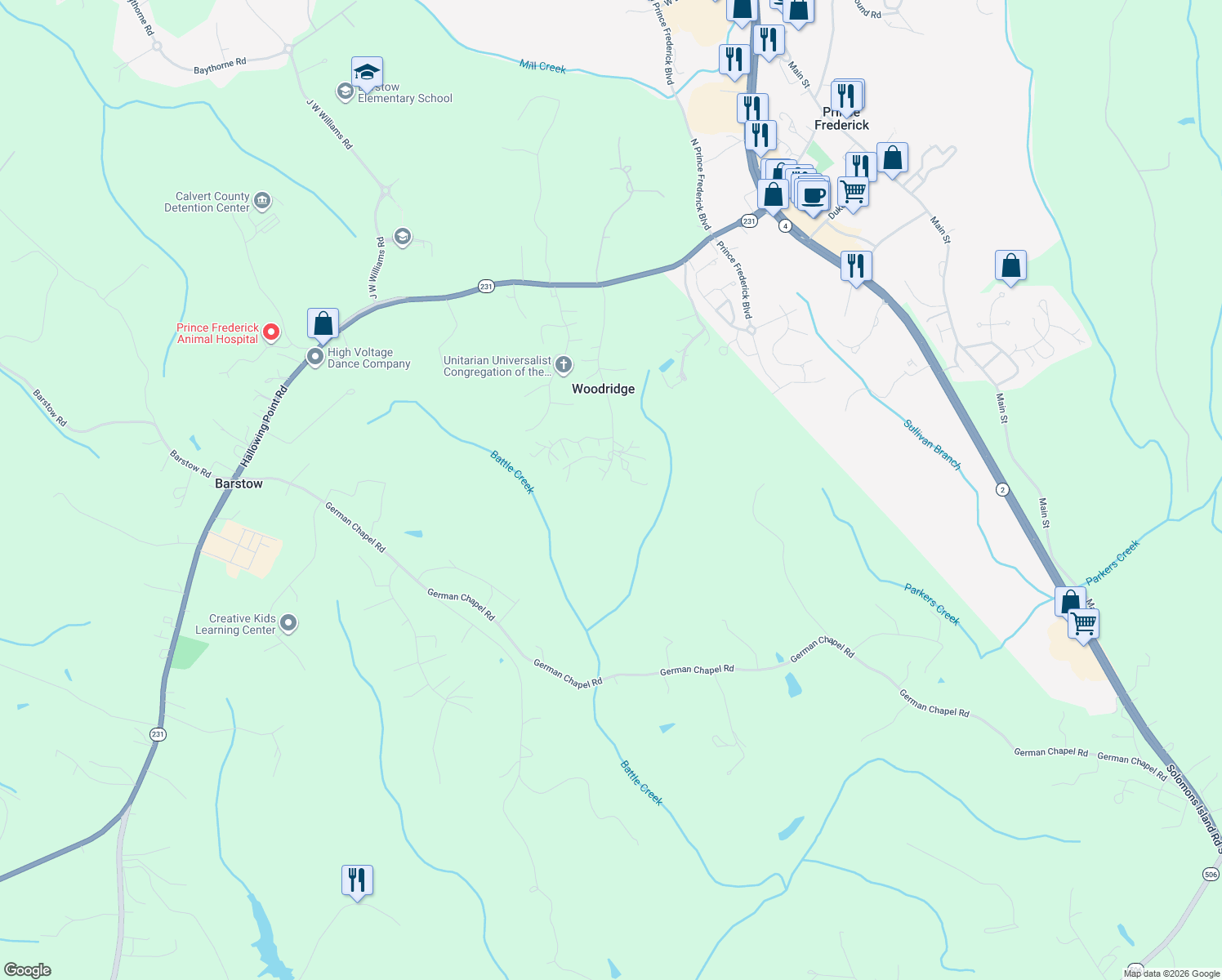map of restaurants, bars, coffee shops, grocery stores, and more near 400 Mason Road in Prince Frederick
