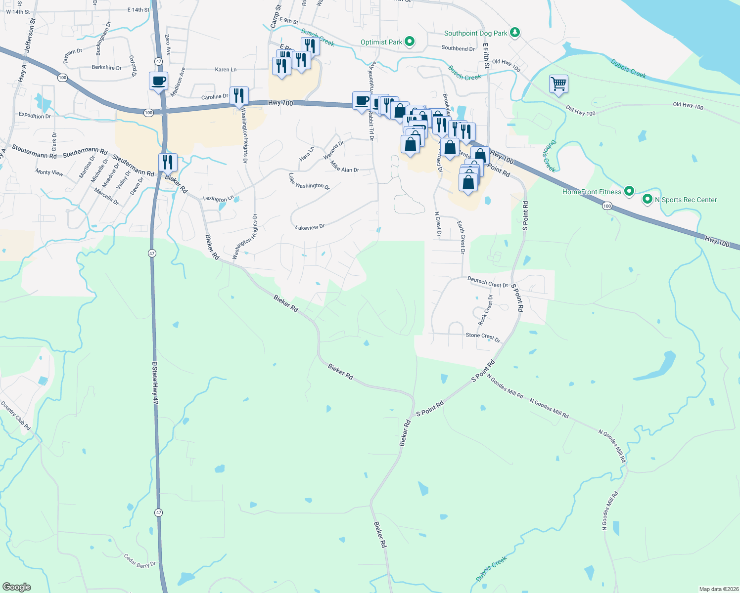 map of restaurants, bars, coffee shops, grocery stores, and more near 747 Kleekamp Lane in Washington
